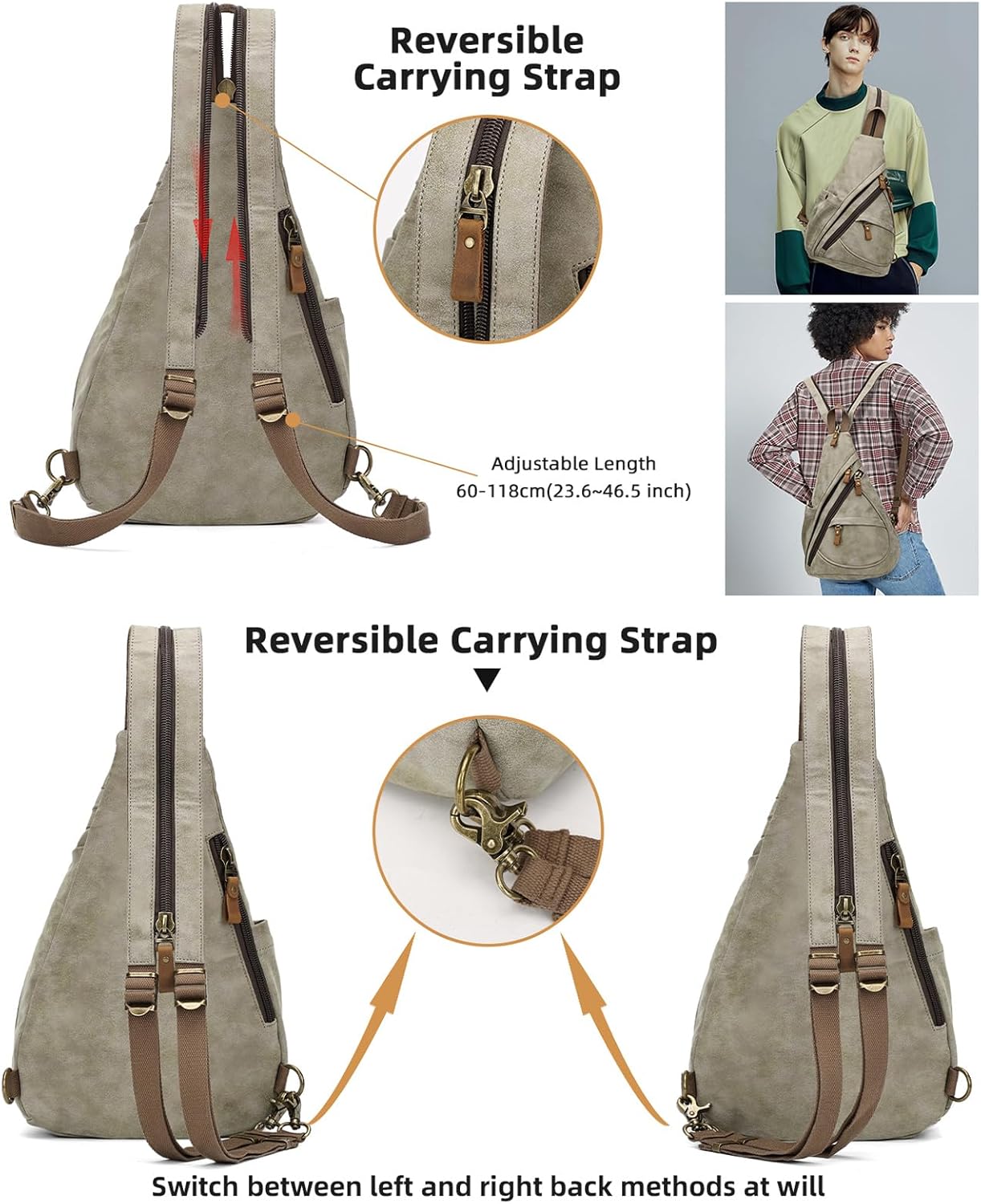 KL928 PU Leather Sling Bag - Small Crossbody Backpack Shoulder Casual Daypack Rucksack for Men Women(Olive Green) - Image 3