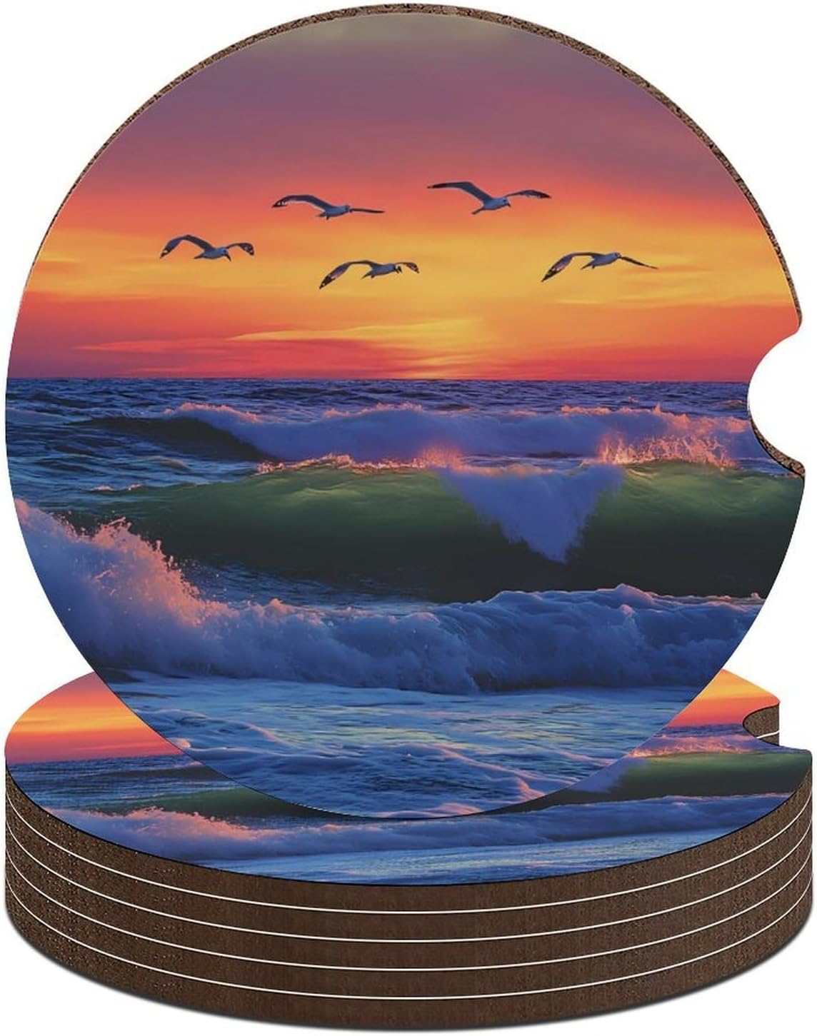 Ocean Wave Birds Sunset Cute Car Coasters 2.56 Inch Absorbent Cup Holder for Drinks Auto Interior Accessories