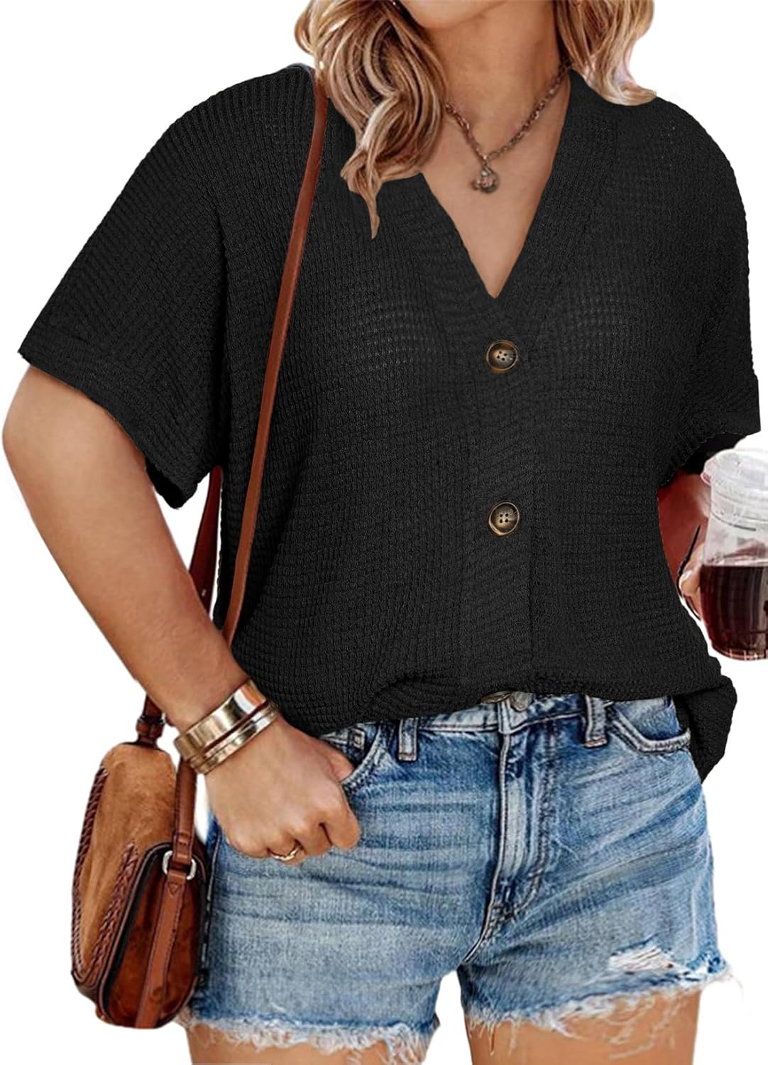 Eytino Womens Plus Size Tops Casual V Neck Short Sleeve Waffle Knit Button Down Shirts(1X-5X)