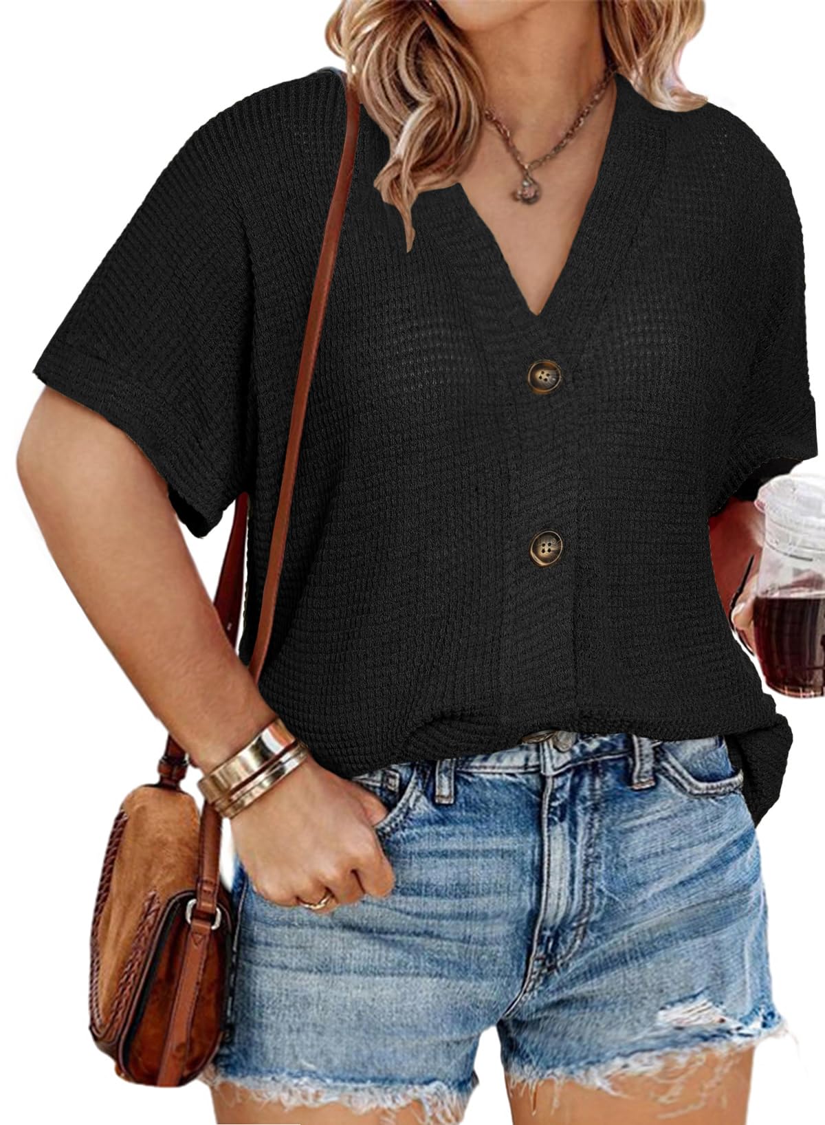 Eytino Womens Plus Size Tops Casual V Neck Short Sleeve Waffle Knit Button Down Shirts(1X-5X)