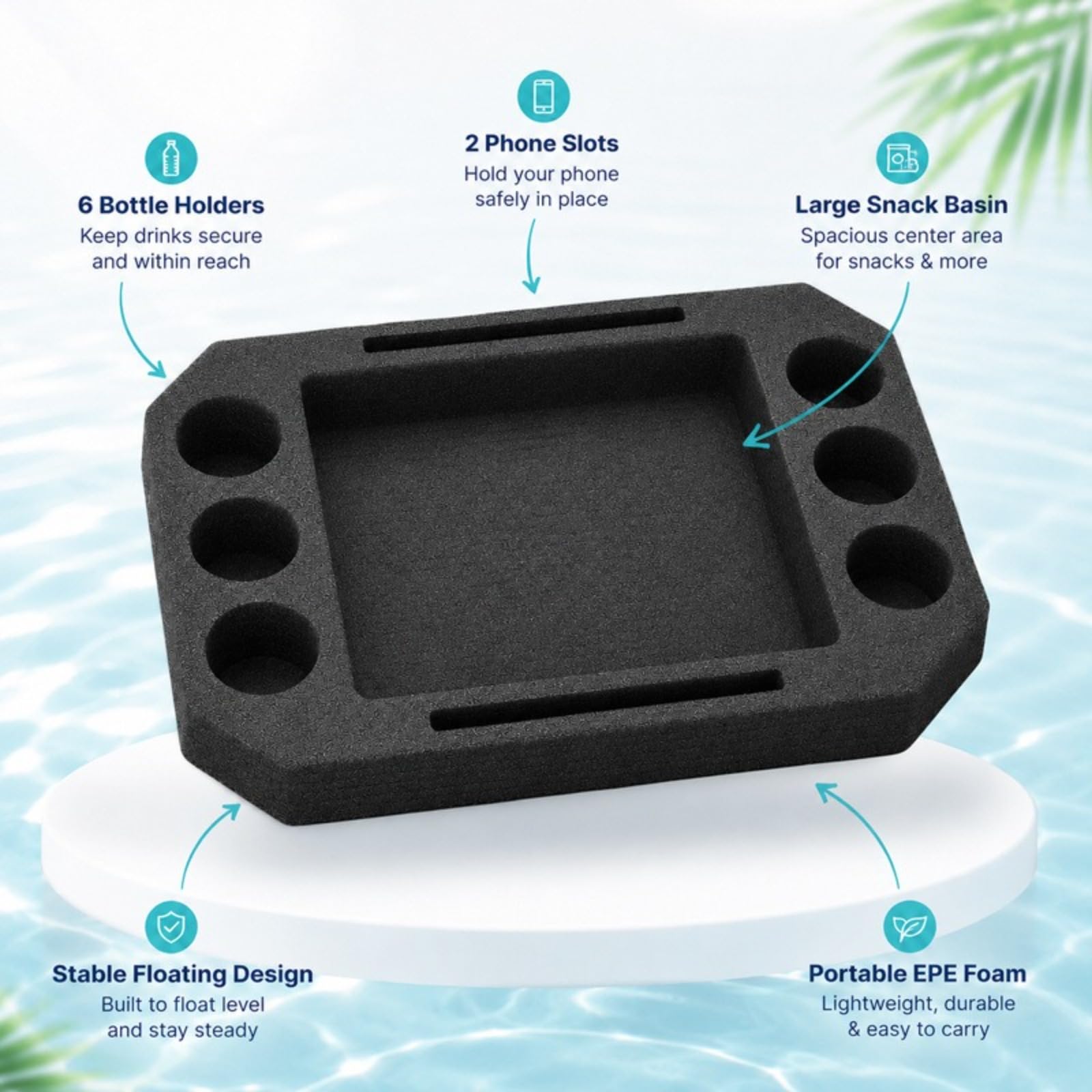 Table Flottante Piscine Grand Format Noir, Plateau Porte Boisson Flottant Étanche pour Boissons Snacks et Décoration, Accessoire Portable pour Piscine Jacuzzi Plage Lac et Fêtes d’Été