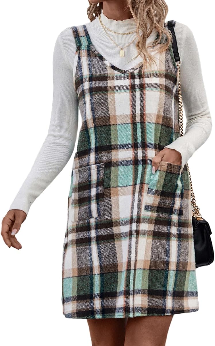 IDEALSANXUN Plaid Overall Dress for Women Fall Winter Sleeveless Plaid Dresses with Pockets