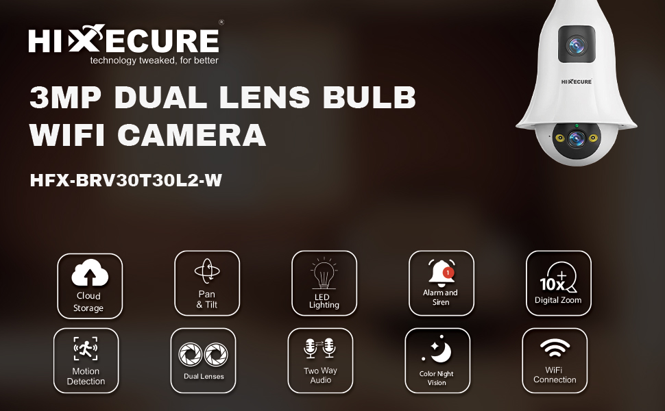 Hixecure 3MP Dual Lens Bulb WiFi Camera