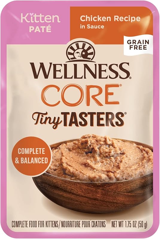 Ração úmida para gatos filhotes Wellness CORE Tiny Tasters, patê de frango sem grãos, 49,6 g, pacote com 12 sachês