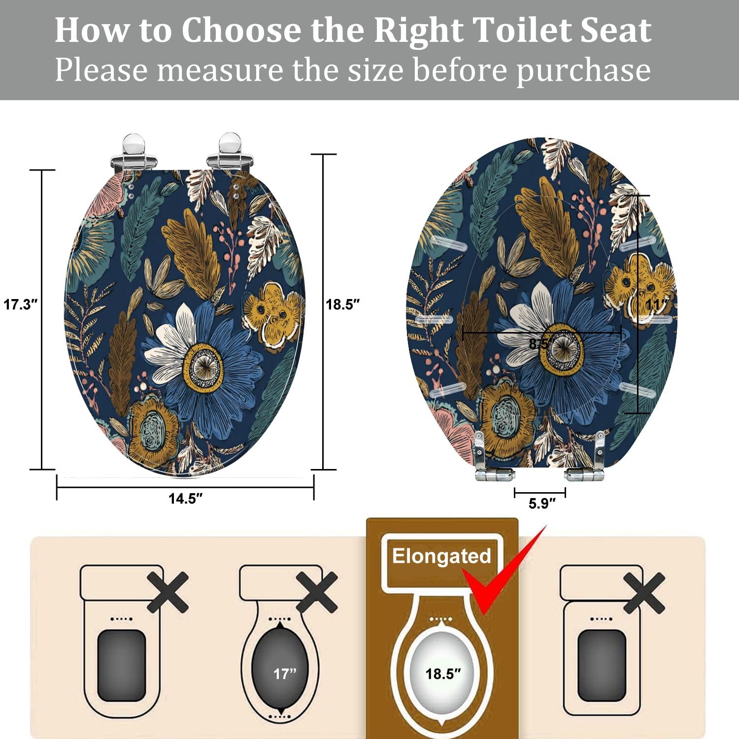 Asiento de inodoro alargado con cierre suave para baño