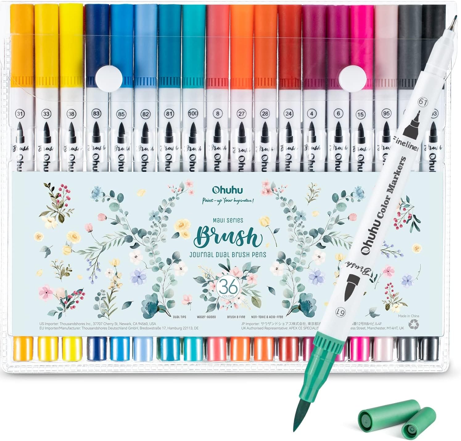 Brush Pen 36 Colors Sketch Pen Set for Artists No Bleeding Water-based Dual Tips Fineliner & Brush Drawing Pens Art Marker for Kids Adults Sketching Calligraphy Journal School - Maui - White