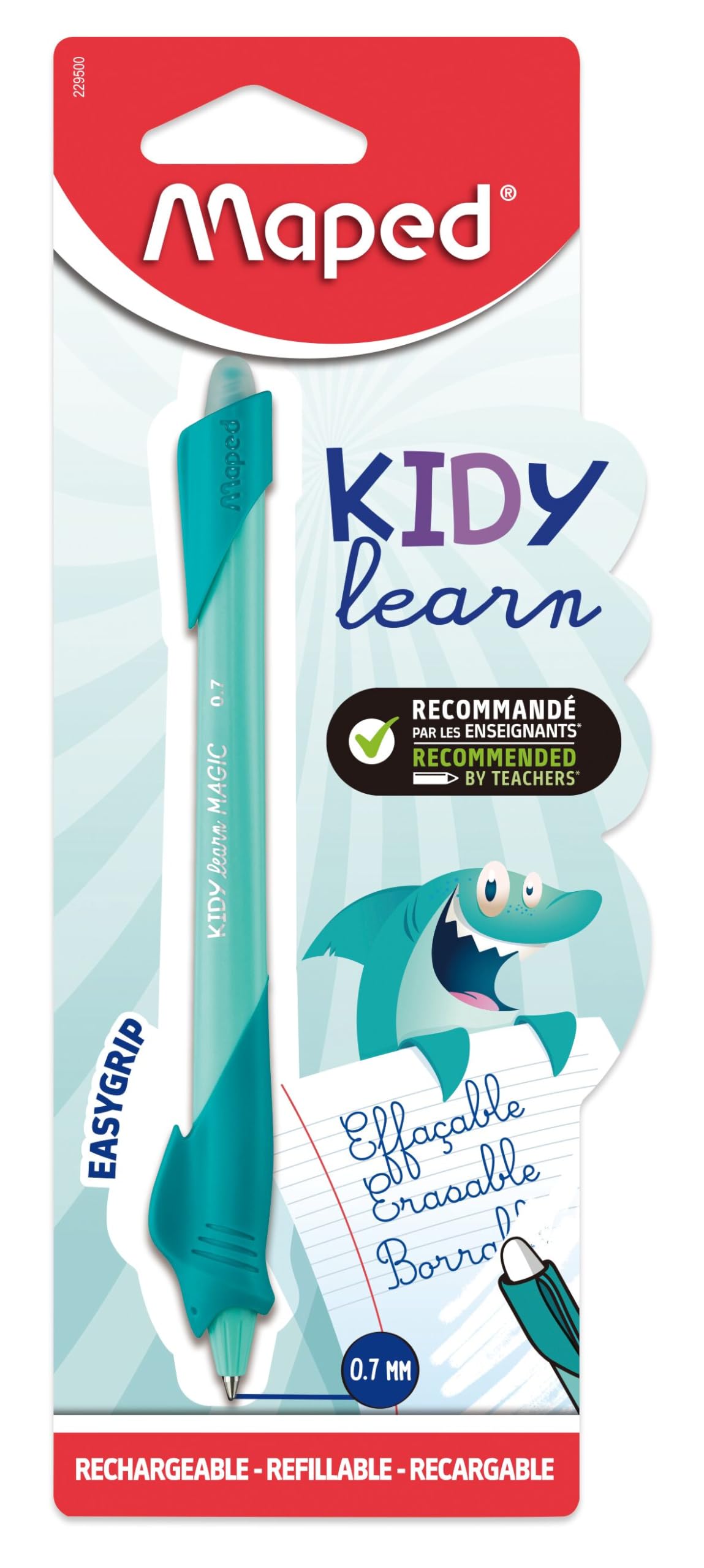 Maped - Kidy Learn Erasable Pen - Children's Shark Animal Pen with Built-in Eraser, Refillable and Ergonomic - School Supplies for Learning to Write - Back to School Accessory