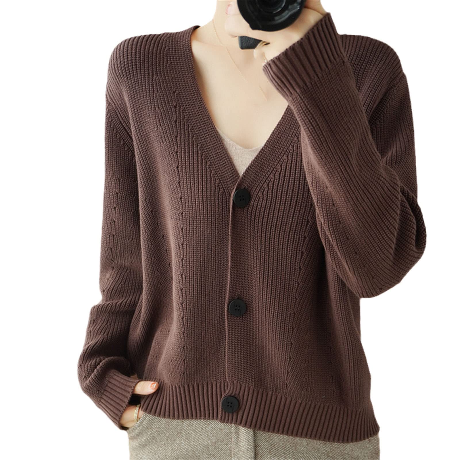 Cárdigan de punto de algodón suelto con cuello en V para mujer, chaqueta de punto de manga larga, chaqueta de moda