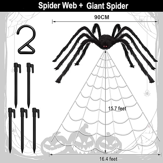 LINNIW Halloween Giant Spider Web Decorations, Giant 35in Black Spider + 200'' Triangular Giant Spider Web, Indoor Outdoor Scary Haunted House Spider Web for Halloween Outdoor Yard Decoration