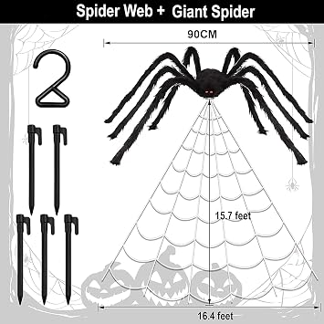 LINNIW Halloween Giant Spider Web Decorations, Giant 35in Black Spider + 200'' Triangular Giant Spider Web, Indoor Outdoor Scary Haunted House Spider Web for Halloween Outdoor Yard Decoration
