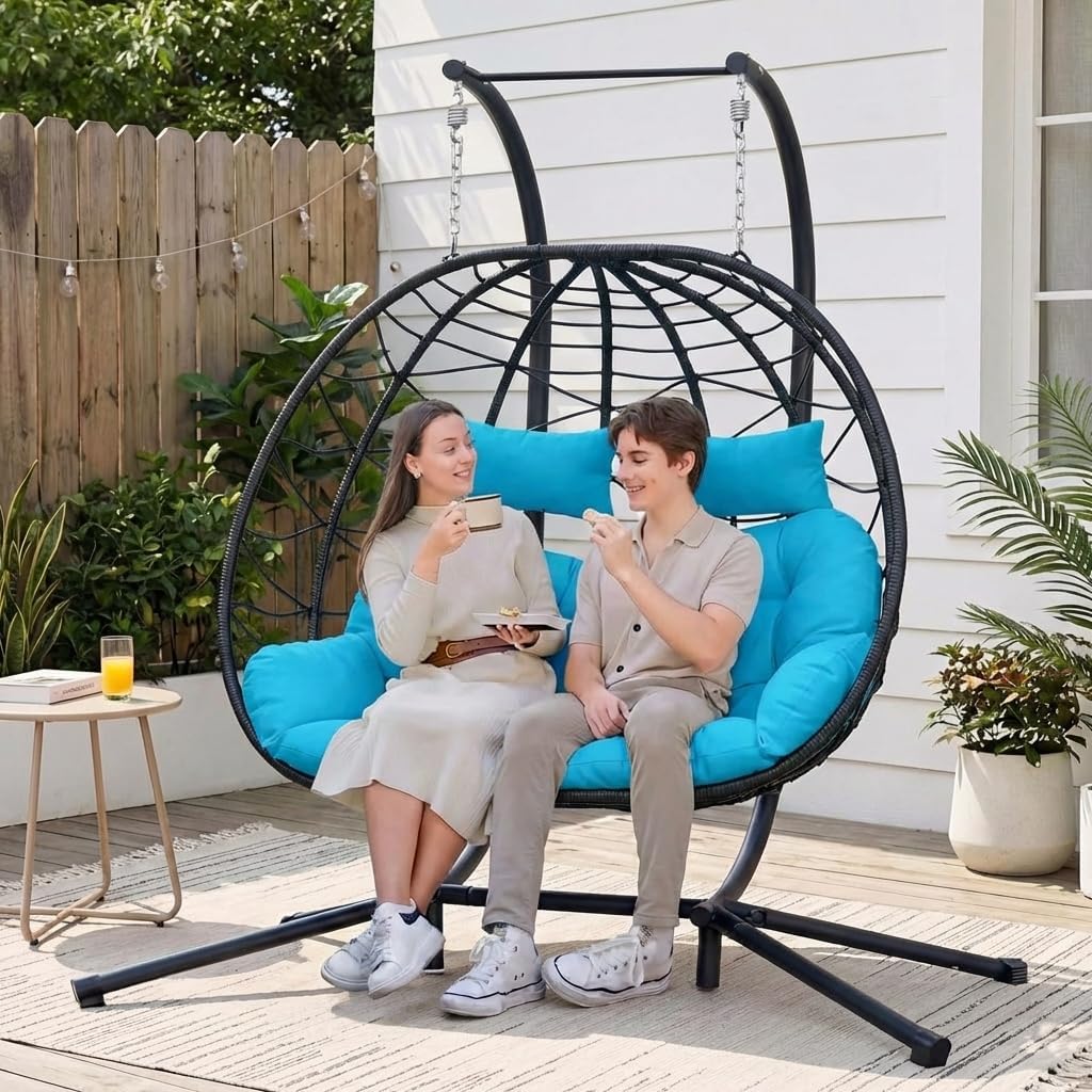 Easyego Double Egg Chair with Stand Hammock Swing Chair 2 Person Outdoor Indoor Hanging Loveseat with UV Resistant Removable Cushion for Patio Living Room-660LBS Capacity, Dark Blue