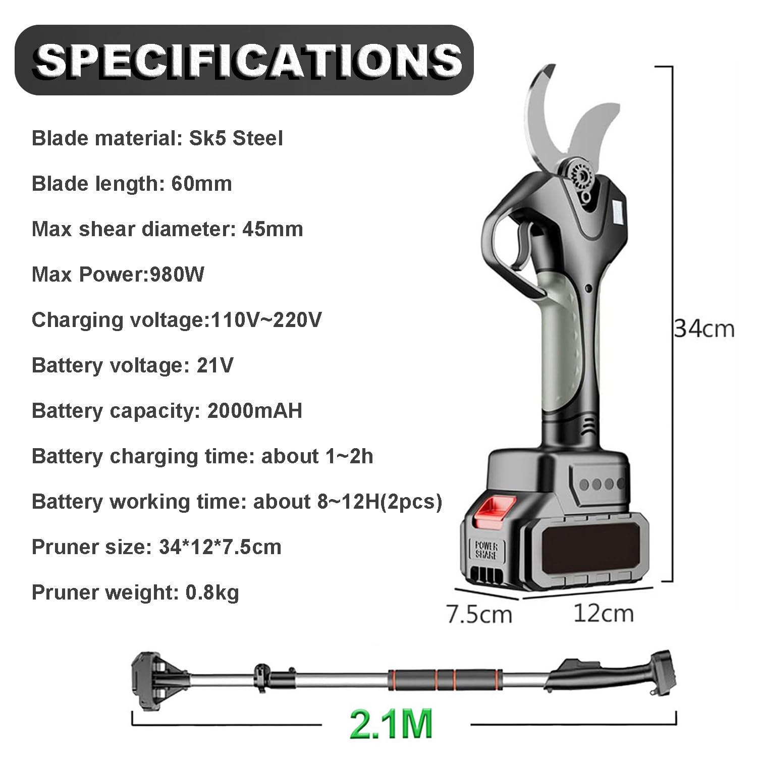 Tijeras de Podar Eléctricas Inalámbricas con Pértiga Telescópica de 210cm y 2 * 2.0Ah Baterías, Corta Ramas de hasta 45mm, Pantalla LCD, Hojas SK5, Ideal para Setos, Árboles Frutales y Viñedos