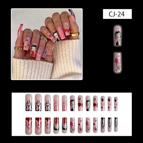 Miniatura 2 de Uñas postizas largas a presión de Halloween, con estrellas, corazones, telaraña, dulce joven, uñas acrílicas rosas y blancas con punta francesa,
