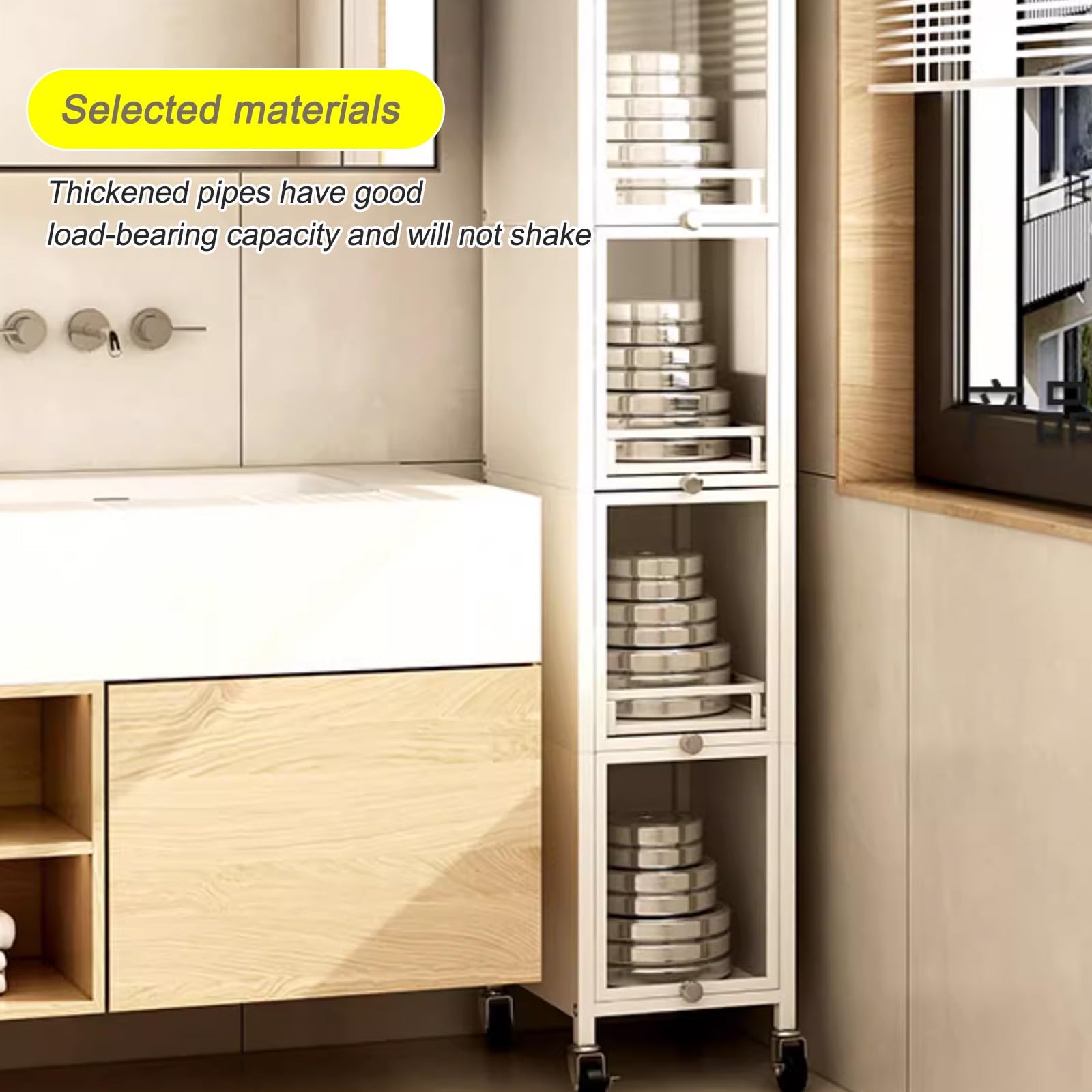 Armario de almacenamiento de baño de 4 niveles con ruedas, color blanco, estante de cocina y estante de cocina, estante de utilidad para el hogar, diseño moderno, solución de almacenamiento multiusos