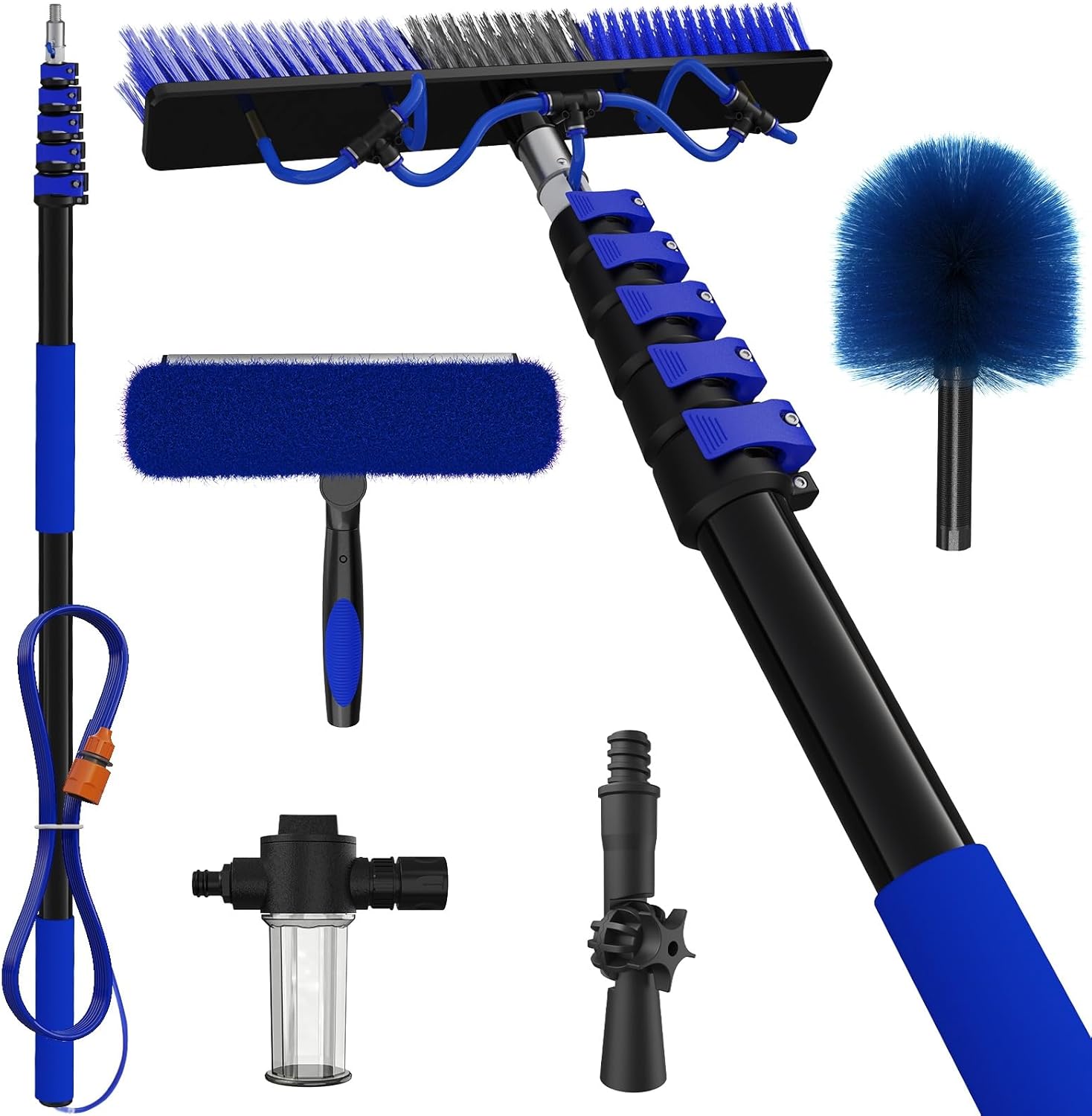 30Ft Reach Solar Panel Cleaning Brush Kit with 5-24ft Telescoping Pole, Water Fed Window Cleaner Tool with 20" Brush, Soap Dispenser, Cobweb Duster, Squeegee for Roof, CV, Gutter, Boat, Deck