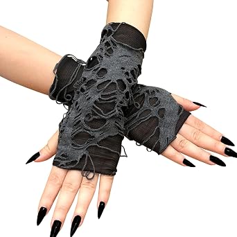 Women Punk Fingerless Glove Knitted Stretchy Soft Cosplay Ripped Gloves for Party Halloween Costume