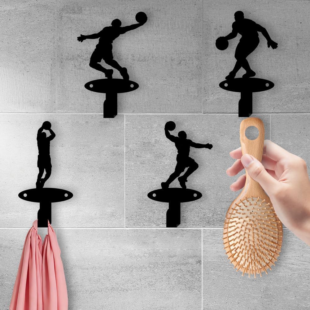4Pcs 4 Styles Hanging Basketball Hooks Holder Black Metal Rack for Key, Single Coat Hooks Wall Mount Basketball Player Medal Hanger with Screws for Cloths Towels Bathroom Home Organization image 3