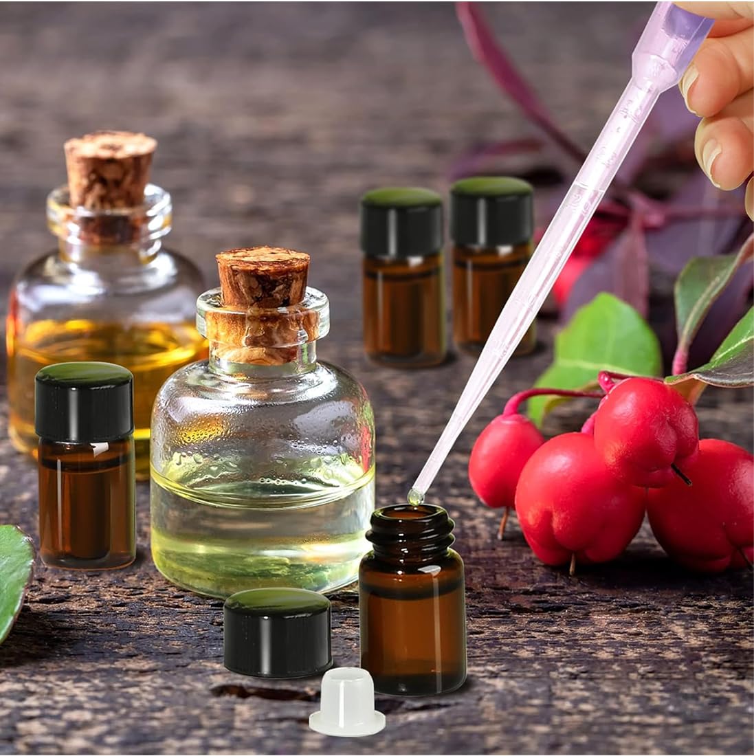 25 piezas botellas de vidrio vacías marrones de 2 ml para aceites esenciales cuentagotas, mini botella de vidrio de relleno, botella de aromaterapia vacía, accesorios de aceites