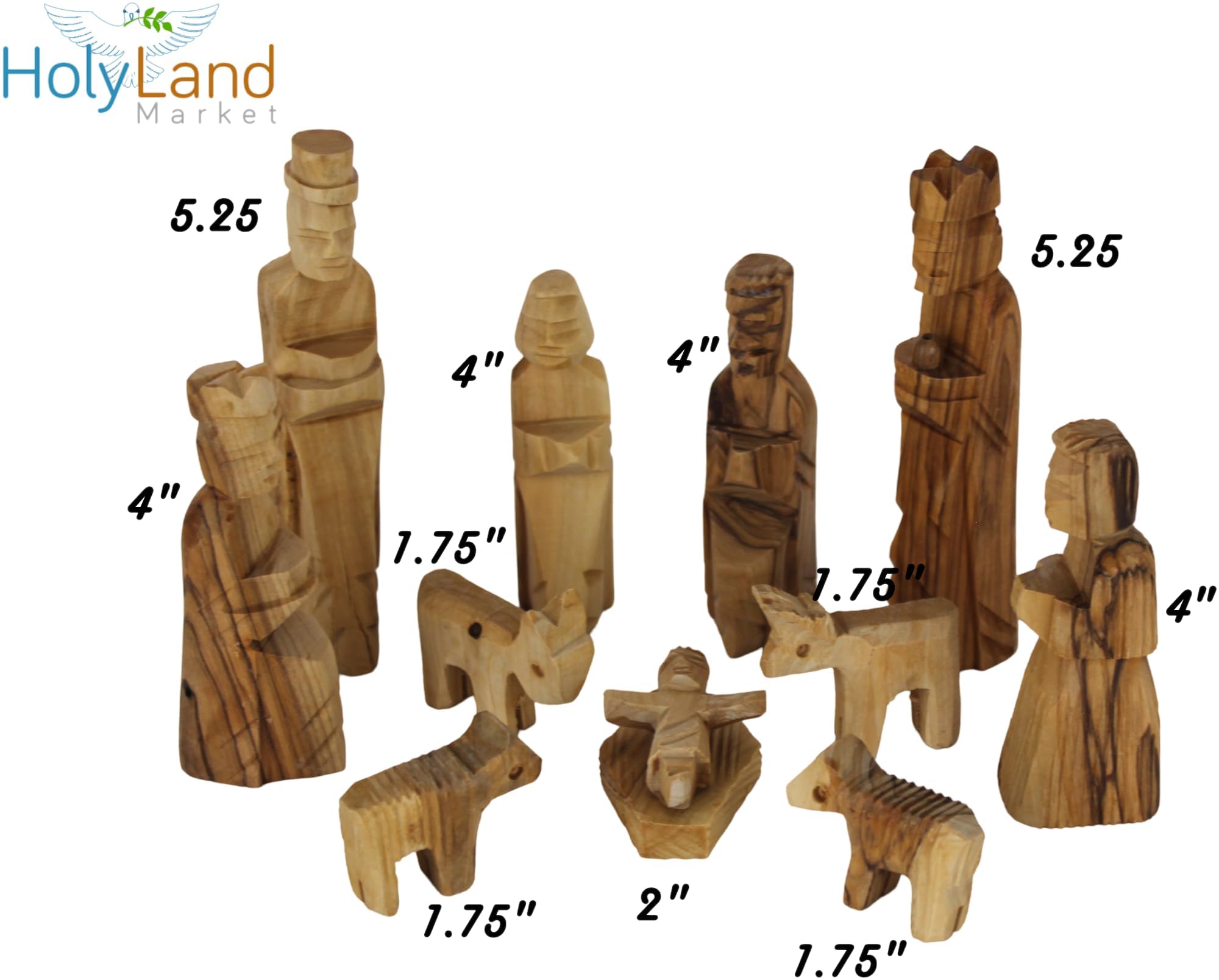 Holy Land Market Kinderkrippe aus Olivenholz - 12-teiliges Weihnachtskrippe aus Holz, handgefertigt in Bethlehem, mit bildlichem Geschichtenheft & Echtheitszertifikat, 13 cm Figuren