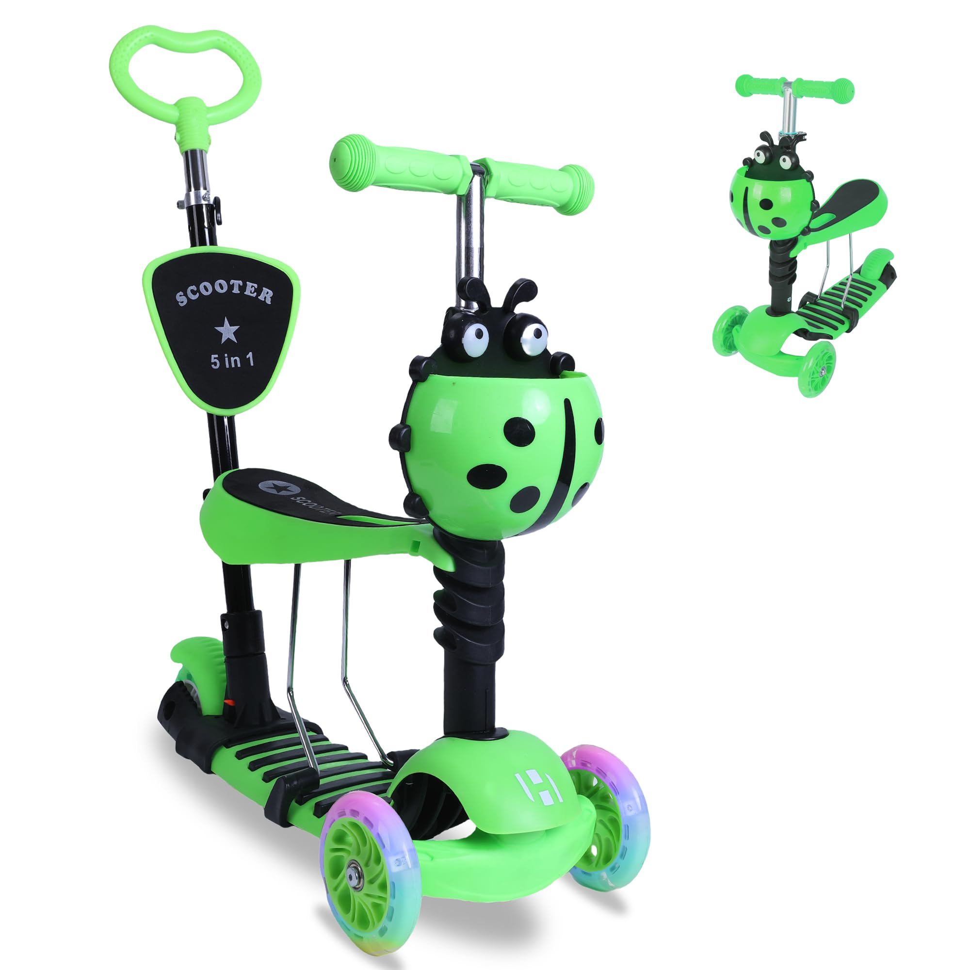 Habib 5-in-1 Kinderroller mit Rückenlehne für Jungen und Mädchen - Abnehmbarer Sitz, LED-Räder, Höheverstellbarer Lenker, Tretroller - Kinder Roller Outdoor Spiel, für 2-8 Jahre Kinder