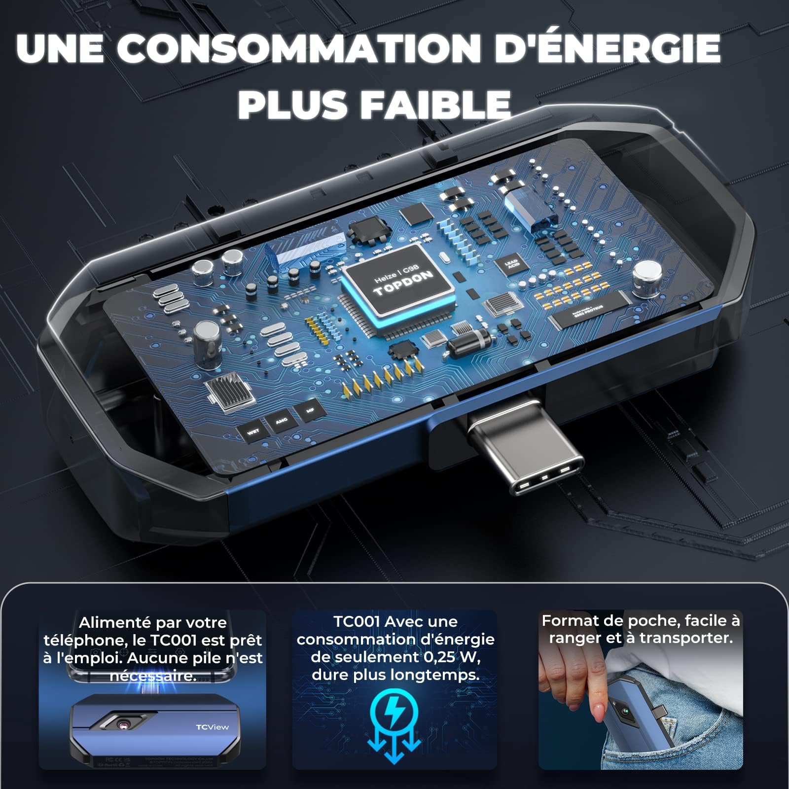 TOPDON TC001 Imageur Thermique, Caméra Thermique Infrarouge Android USB C, 512 * 384 TISR Haute Résolution, Clarté Thermique Accrue, -20℃ à 550℃, 0.1℃ Précision de Test pour Smartphone/Tablet/Windows