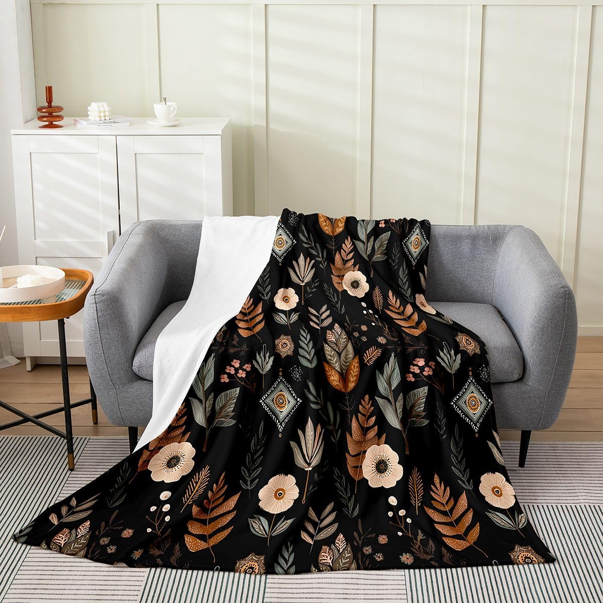 jejeloiu Floral Flannel Fleece Throw Blanket Abstract Bohemian Floral Twin 60"x80" Botanical Fleece Throw Blanket Mid Century Modern Boho for Bed Couch Chair Living Room Balck Bedroom Decor