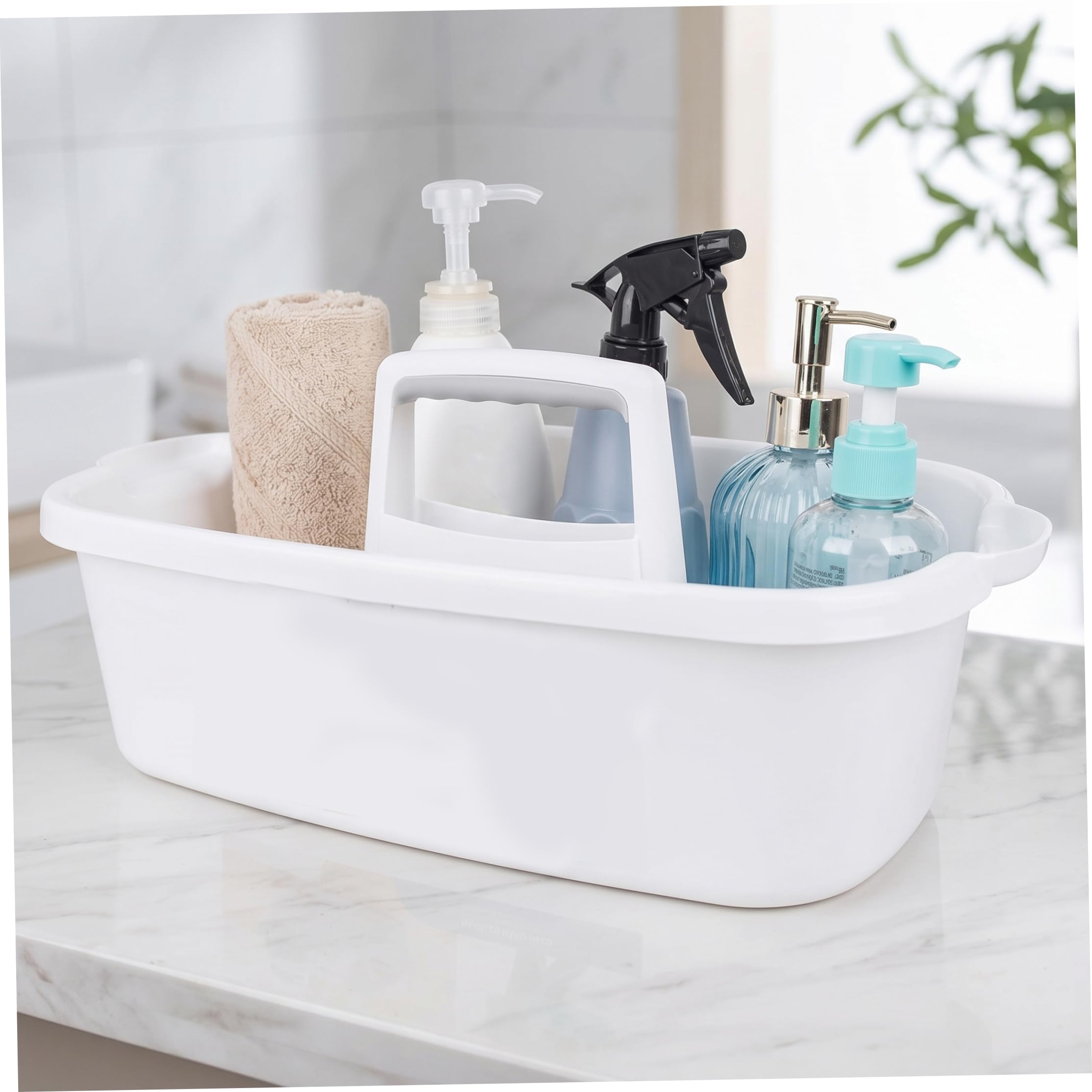 Organizer per prodotti per la pulizia con manico, contenitore per doccia portatile, bianco
