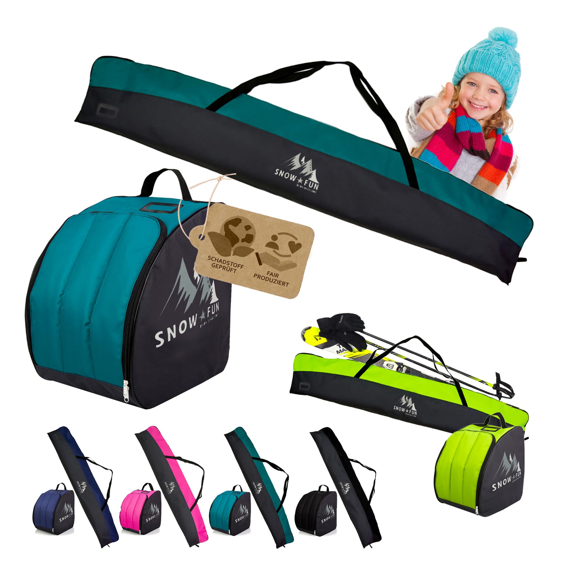 BambiniWelt Kinder Ski Set 125 cm Skitasche & Skischuhtasche Cordura, wasserdicht Skischuhrucksack Helmfach & Skibrillenfach – Skischule & Wintersport