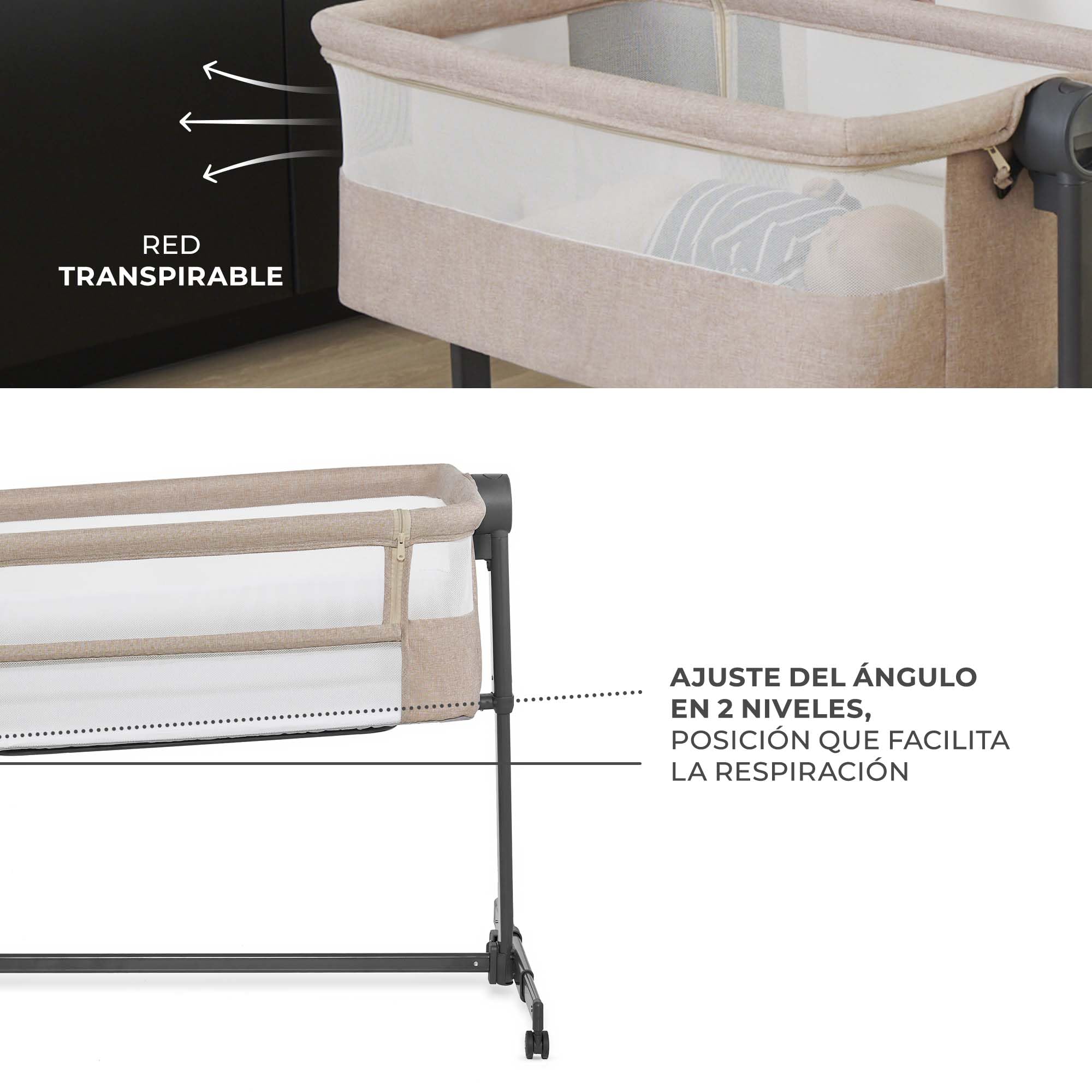 Kinderkraft Nestee UP 2 Cuna Colecho para Bebé con Colchón, Cuna de Cabecera, Fácil Ajuste de Cama de Padres, Ajuste de Altura, Buena Circulación de Aire, Ruedas transportarás, Beige