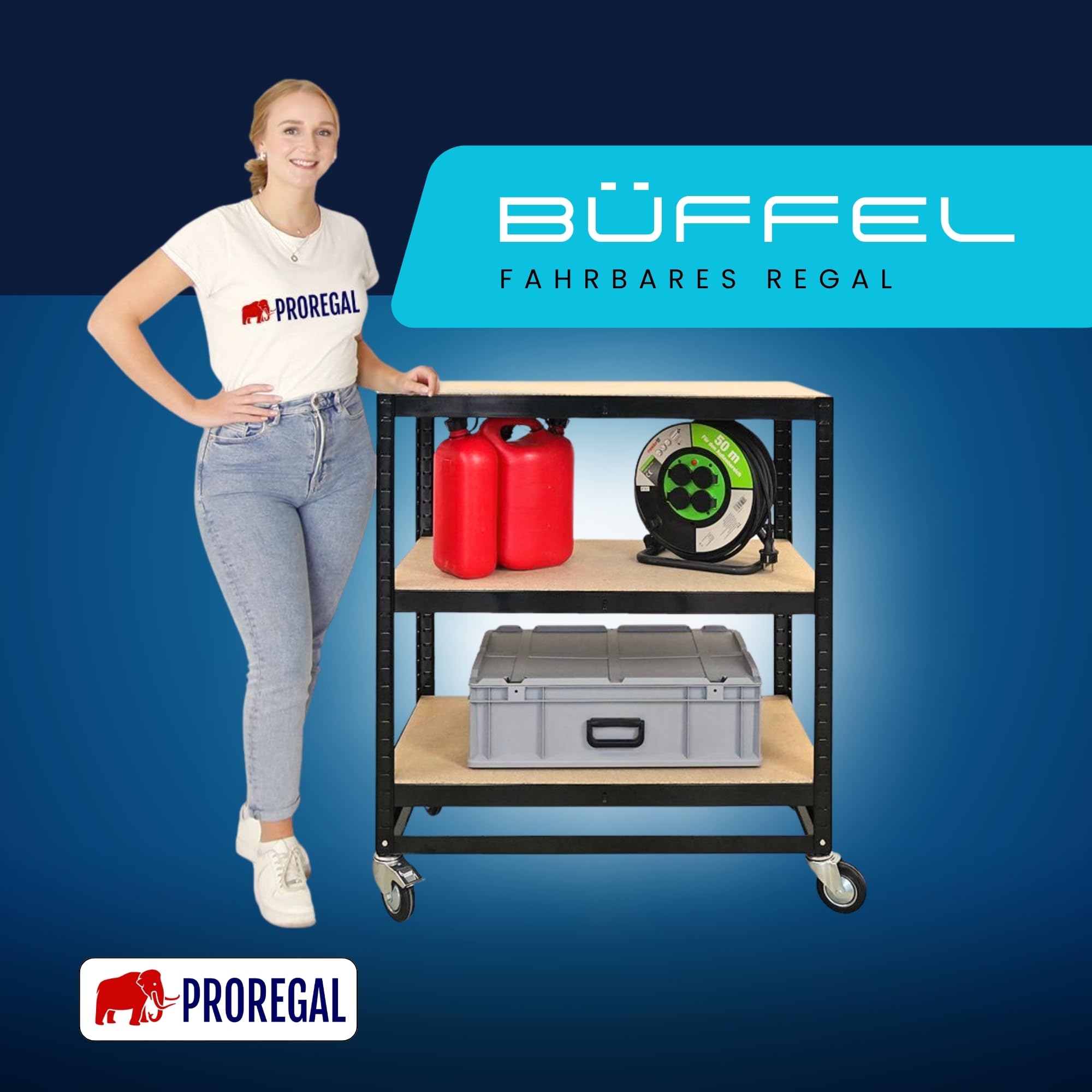 PROREGAL Kommissionierwagen BÜFFEL Fahrbares Kommissionierregal, 100x90x50cm, 3 Ebenen, Fachlast 50kg, 4 Lenkrollen, Davon 2 mit Feststellbremse, Schwarz, Regal auf Rollen, Regalwagen