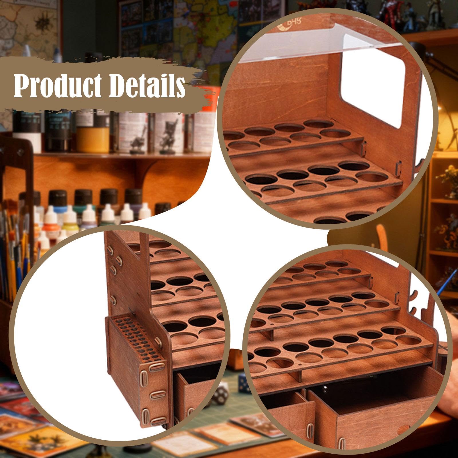 rockible Organizador de Almacenamiento de Pintura marrón, Suministros de, Tablero Transparente, Multifuncional, con cajón para Manualidades, 60 Hoyos