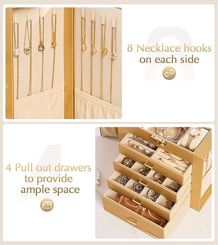 Miniatura 68 de Homde Regalos de Navidad de cuero sintético, enorme joyero, organizador de reloj con espejo, collar, anillo y aretes, estuche de regalo con Dorado