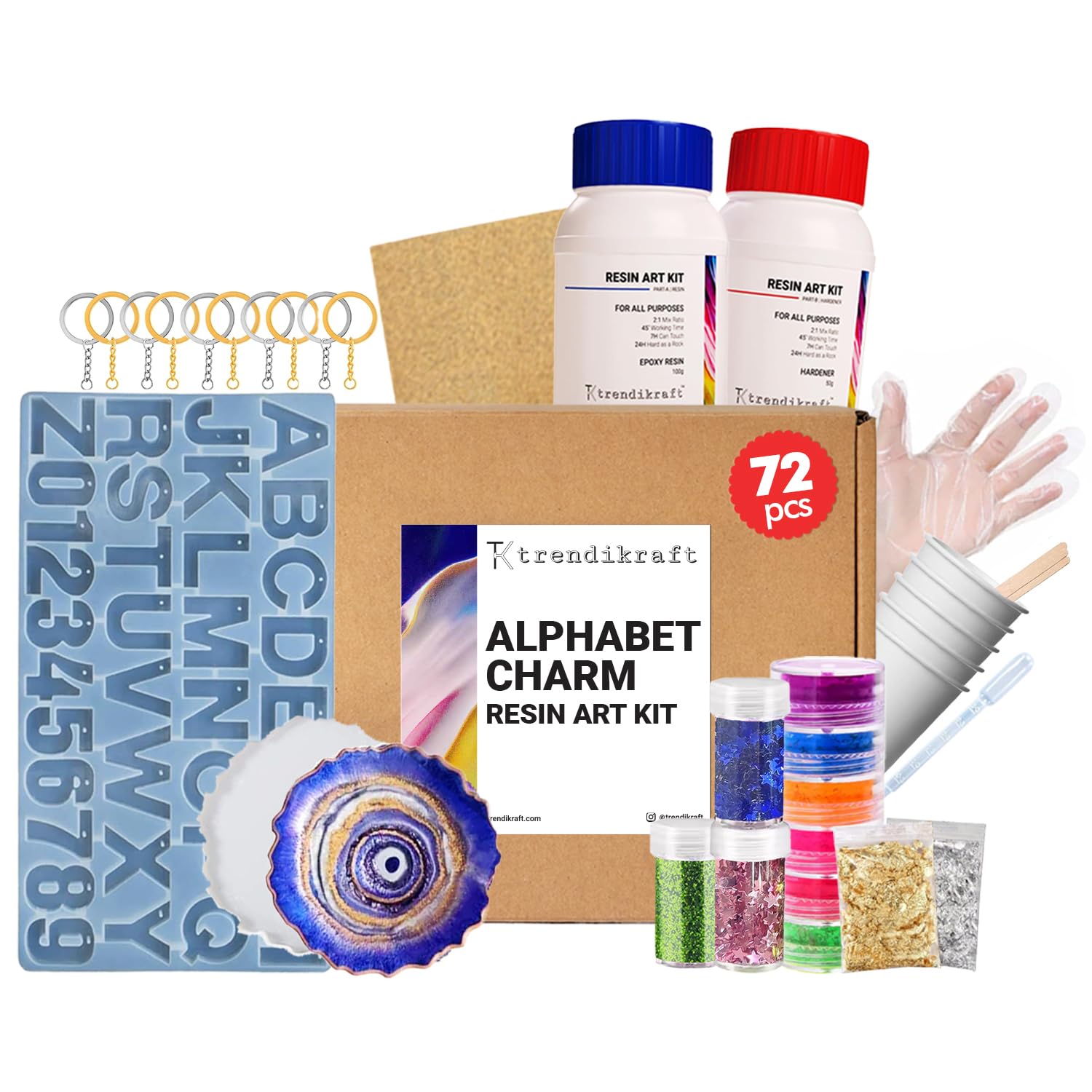 TRENDIKRAFT 72pcs DIY Alphabet Keychain & 4" Coaster Making Epoxy Resin Art Materials Kit with Silicone Moulds, Glitters, Flakes, Color Pigments and More for Beginners (2:1 Raisin to Hardener, 150gm) (B0CQJWKMY8) Amazon Price History, Amazon Price Tracker