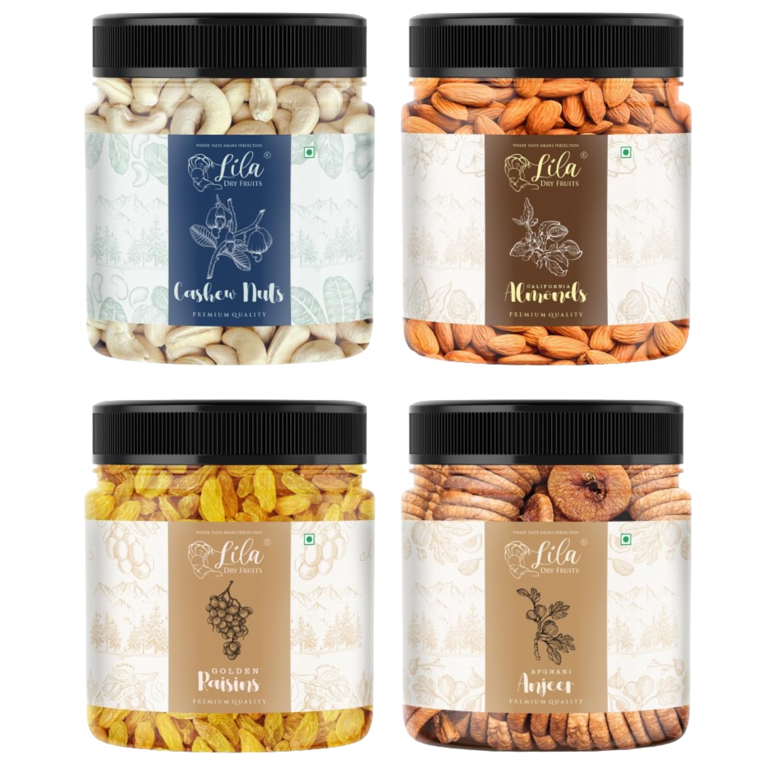 Lila Dry Fruits Combo (250 Gms x 4) Jar pack | DryFruits Cashew Almond Fig Raisin | Daily Snacks for Healthy Diet | Rich in Protiens Minerals | Kaju Badam Anjeer Kishmis Perfect for Gifting-image-21