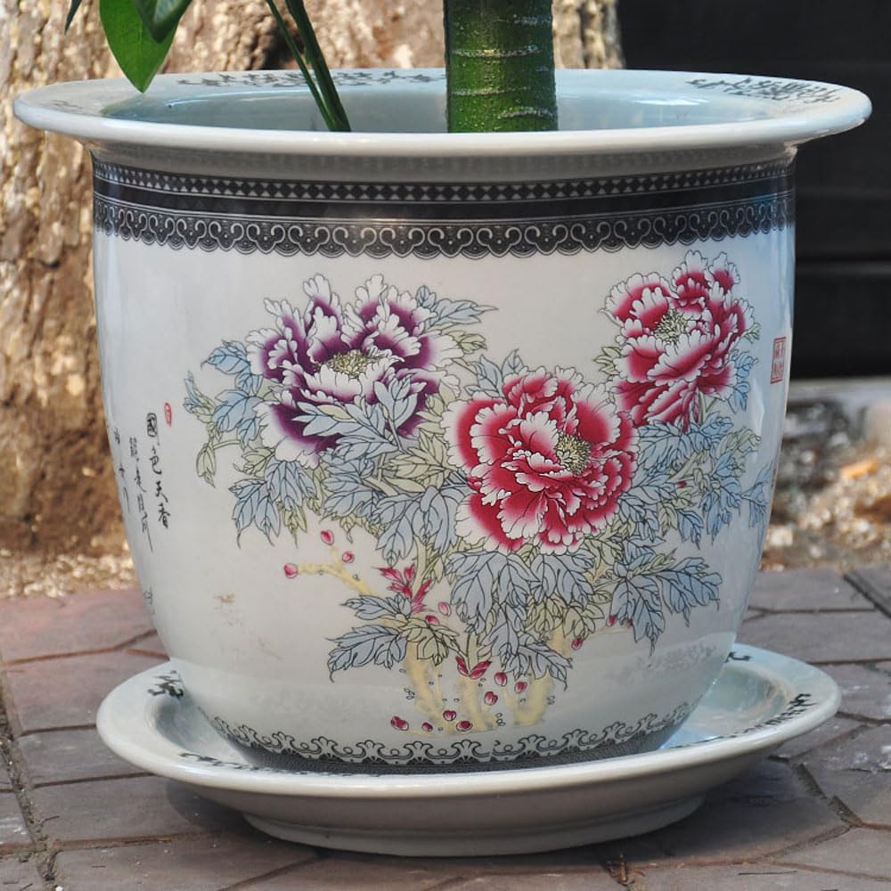 Chinoiserie Ceramic Planter Hand Painted Planter Ceramic Flower Pots Chinese Oriental Bonsai Pot Decorative Plant Pots Succulent Orchid Planter With Saucer For Garden Indoor Outdo,C-34*23cm