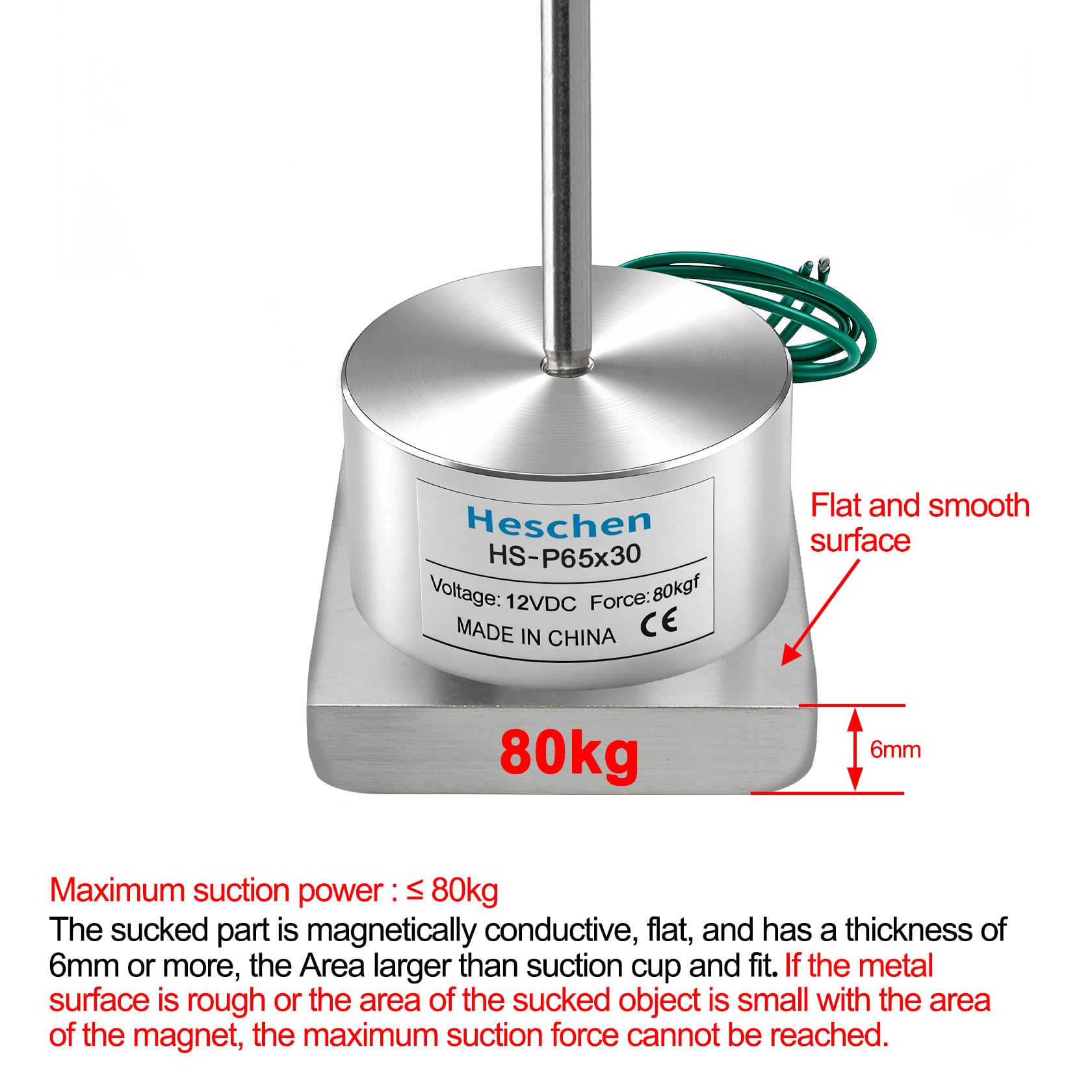 Heschen Électroaimant électromagnétique P65/30, OD 65 mm, DC 12V 13W, 80 kg