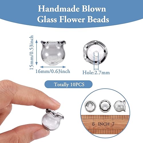 Miniatura 3 de FASHEWELRY 10 cuentas de cristal hechas a mano, cuentas florales de cristal, cuentas espaciadoras de flores de trompeta transparentes, cuentas