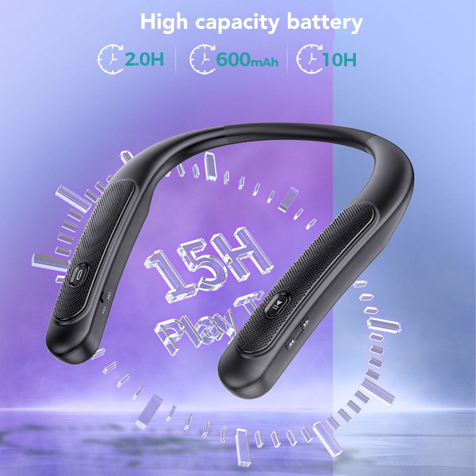Altavoz Inalámbrico con Banda para el Cuello, Sonido Estéreo 3D Recargable, Tiempo de Reproducción de 12 Horas, Liviano 90 G, Resistente Al Agua IPX4, Micrófono Incorporado, Parlantes 5Wx4,
