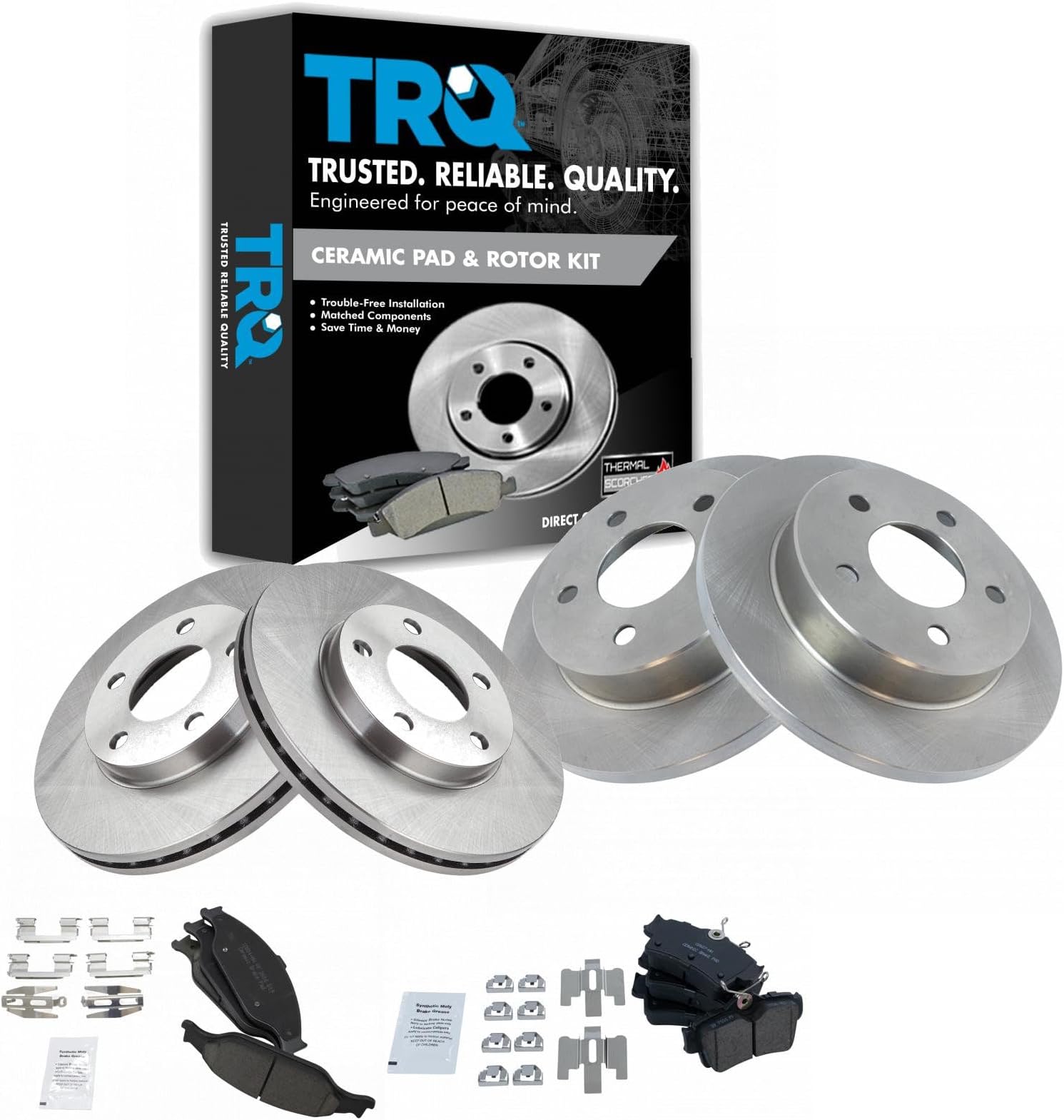 TRQ Front and Rear Brake Pad and Rotor Set Ceramic Vented Rotors Compatible with 1999-2004 Ford Mustang