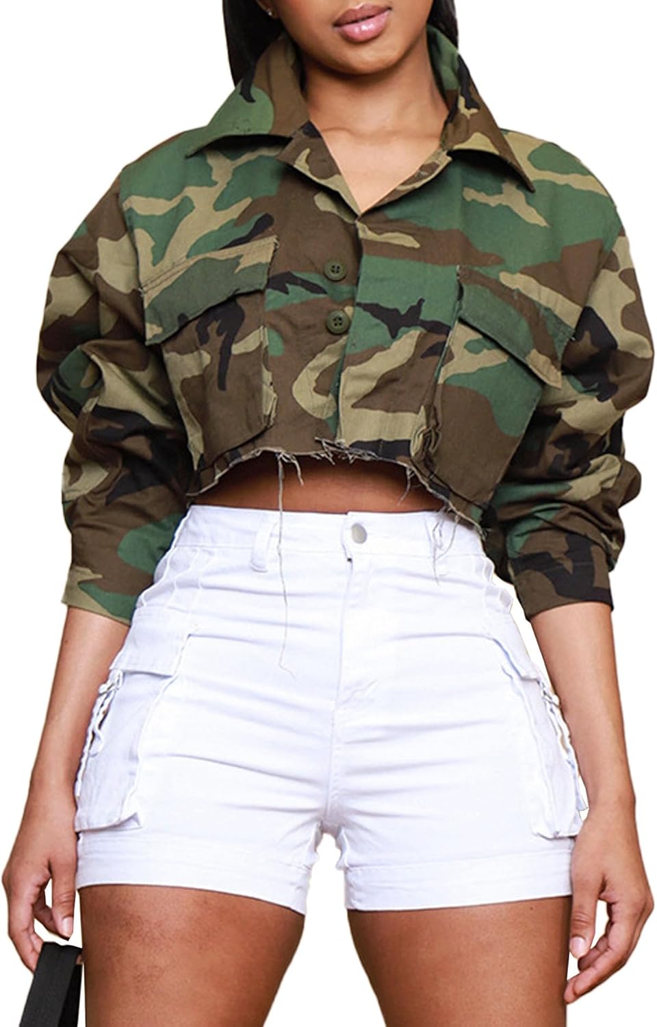 Sexyshine Women's Cropped Camo Jacket Long Sleeve Lapel Camouflage Short Coat Y2K Army Fatigue Cargo Outerwear - Image 2