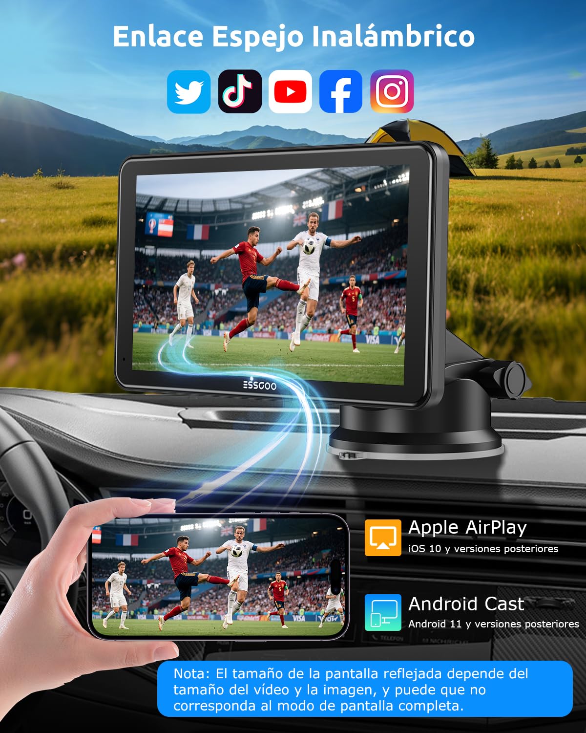 ESSGOO 7 Pulgadas Pantalla Carplay Coche Android Auto con Cámara de Reversa