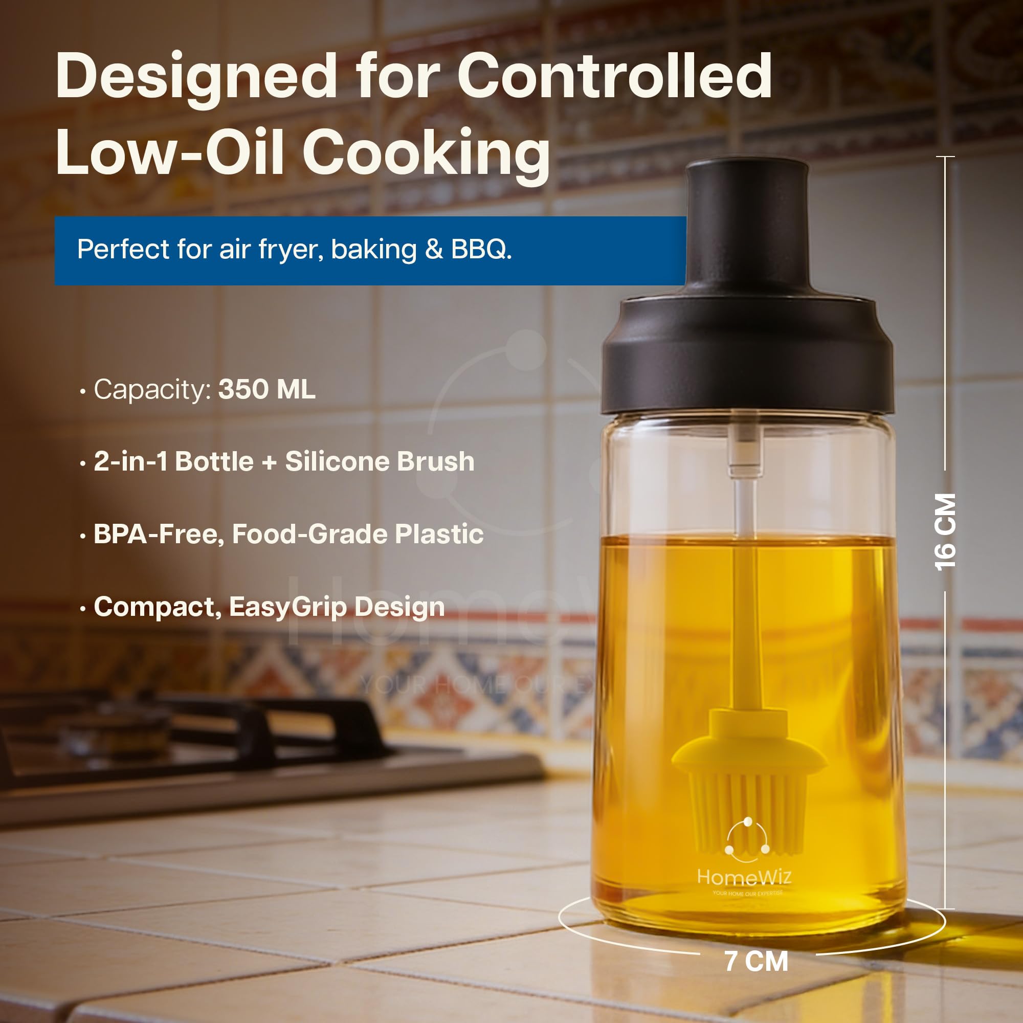 HomeWiz Oil Dispenser For Kitchen | Oil Bottle With Silicone Brush | 2-in-1 Food Grade Plastic Oil Bottle with Built-In Basting Brush for Baking, Grilling & Cooking, BPA-Free, Easy to Clean | 350ml