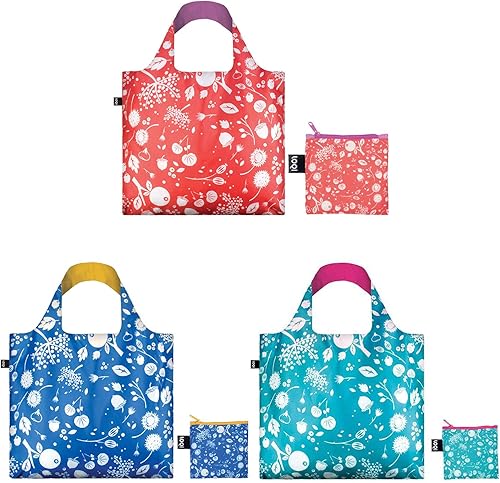 LOQI Bolsas de compras reutilizables con semillas (juego de 3), campanas de coral, aciano, verde azulado