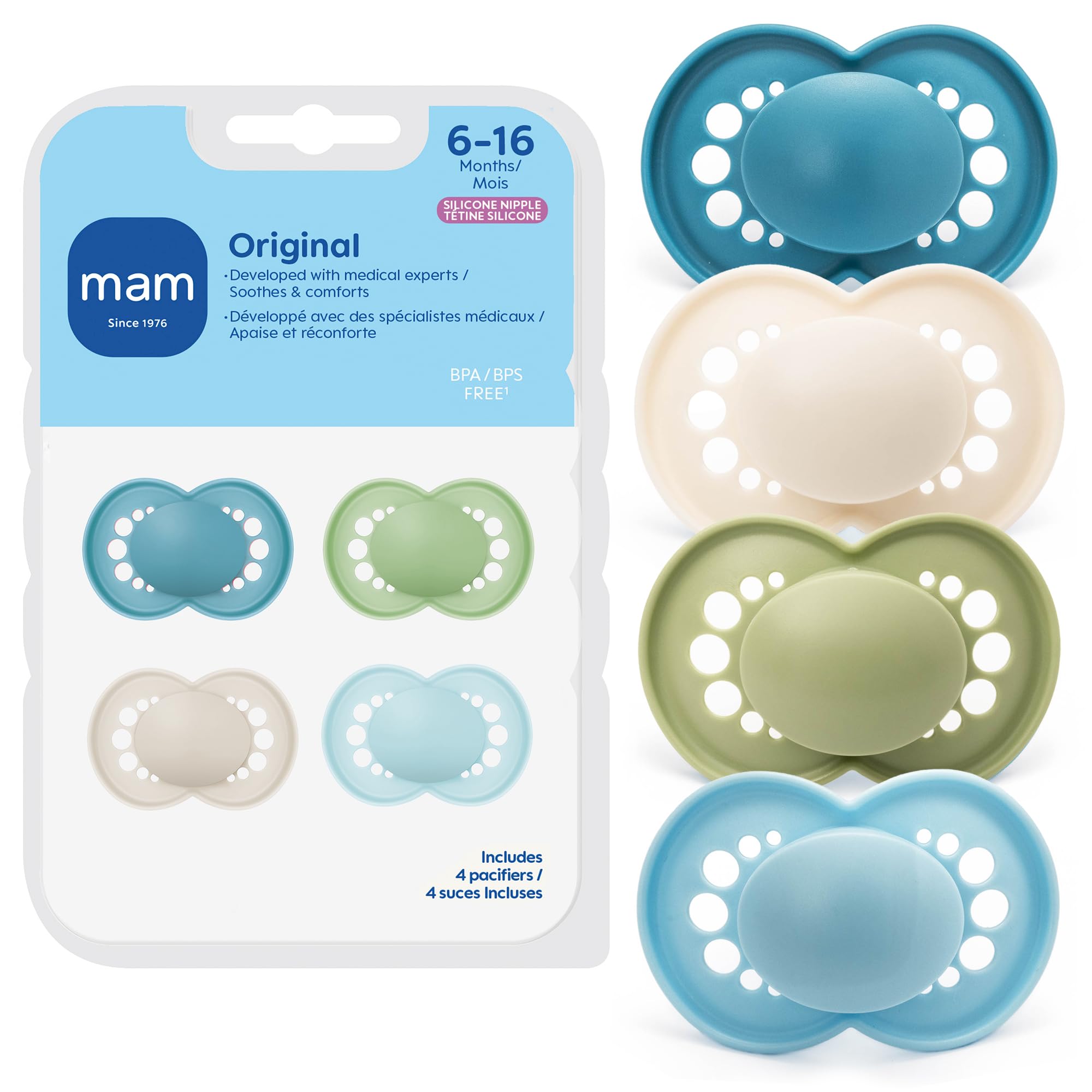 MAM Original Matte Baby Pacifiers 6-16 Months, Binky for Newborn Babies, BPA-Free Skin Soft Silicone Nipple, Easy to Clean, Developed with Medical Experts, 4 Count With Sterilizer Case, Made in Europe