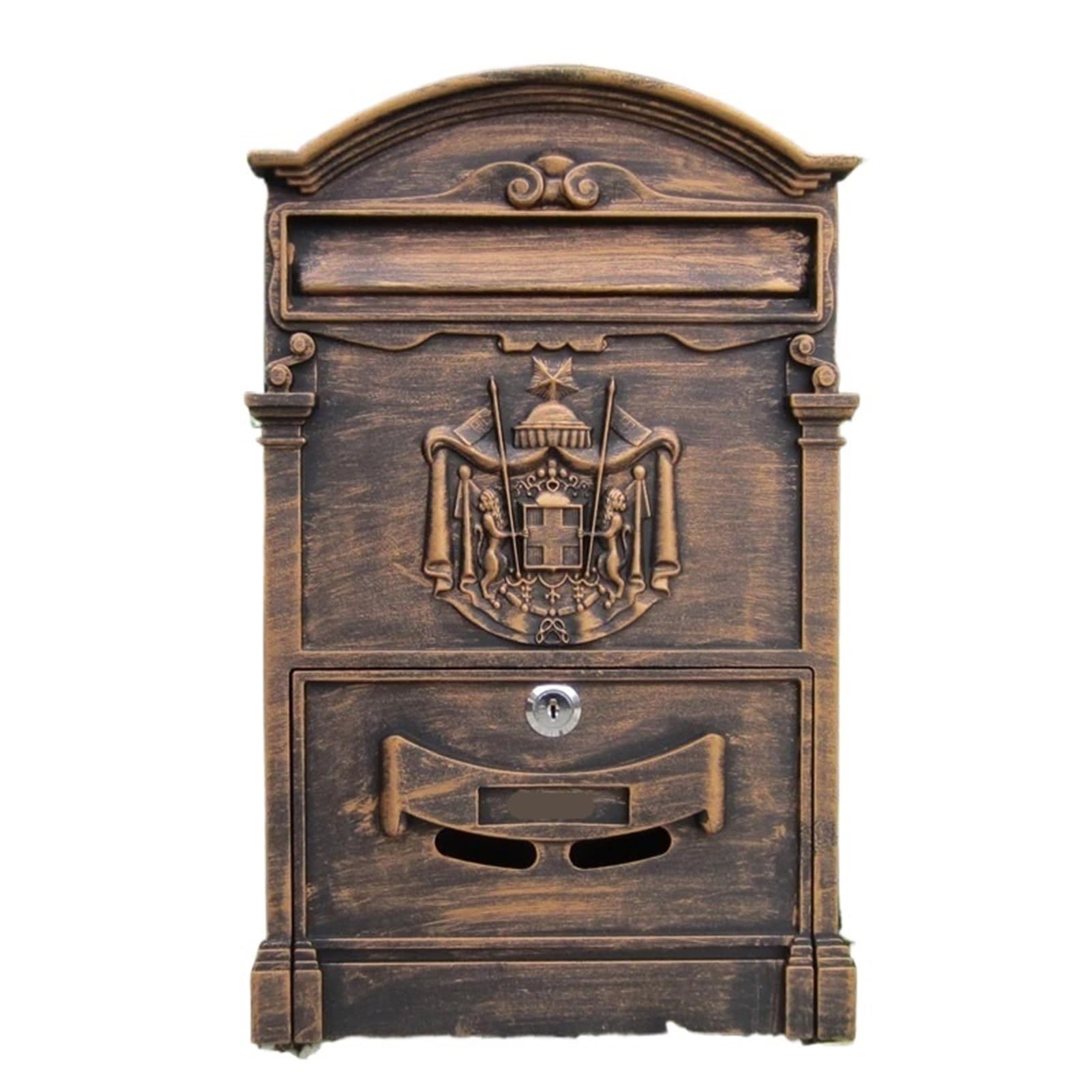 Xylrsmh Antique Gold Post Box Wall Mount Locking Mailbox Vintage Lockable Metal Mailboxe Large Capacity Postbox Security Mail Letter Post Box Outdoor Mail Box Letter Box(Antique Gold)
