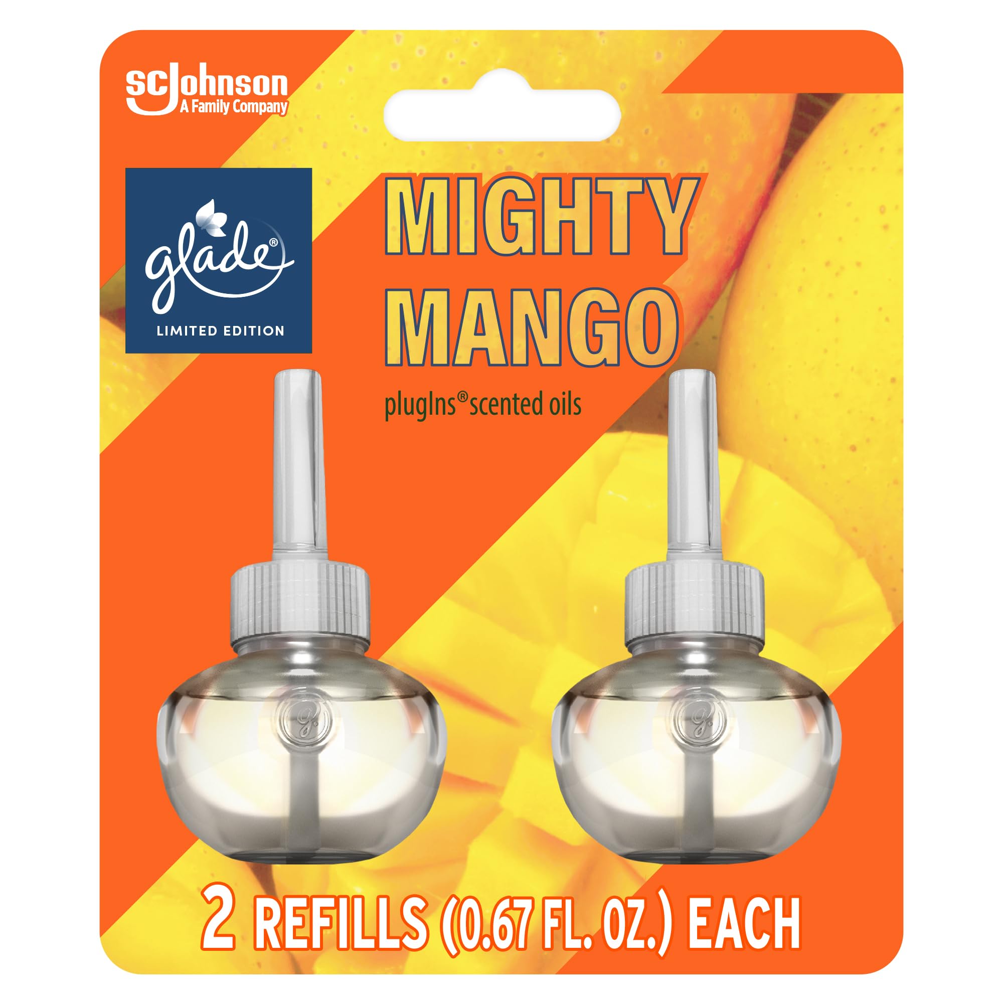 GladePlugIns Refills Air Freshener, Mighty Mango, Scented and Essential Oils for Home and Bathroom, 0.67 Fl Oz, 2 Count