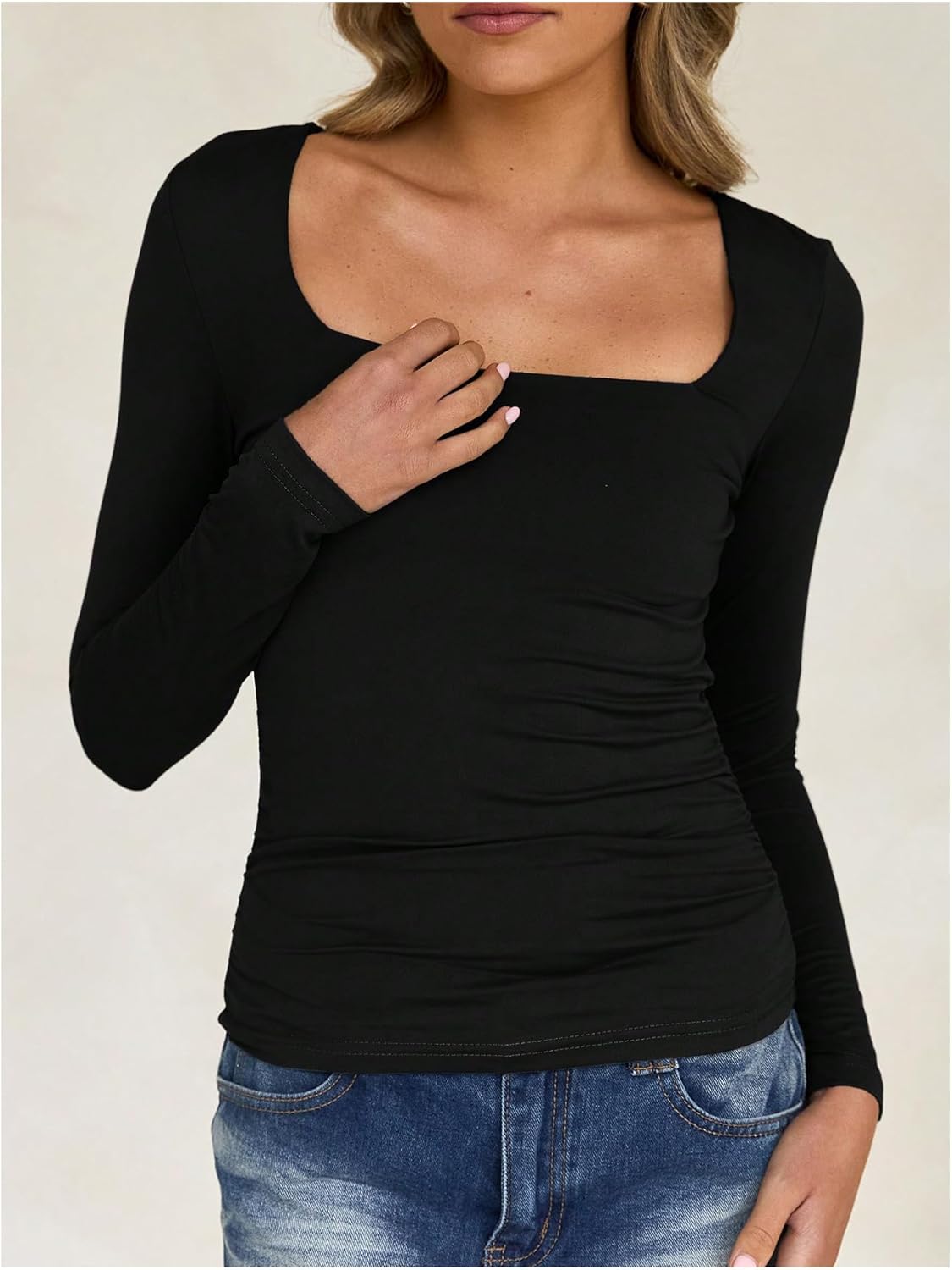 Women's Long Sleeve Fitted Tops Fall Ruched Square Neck Dressy Casual T Shirts Basic Tees - Image 4