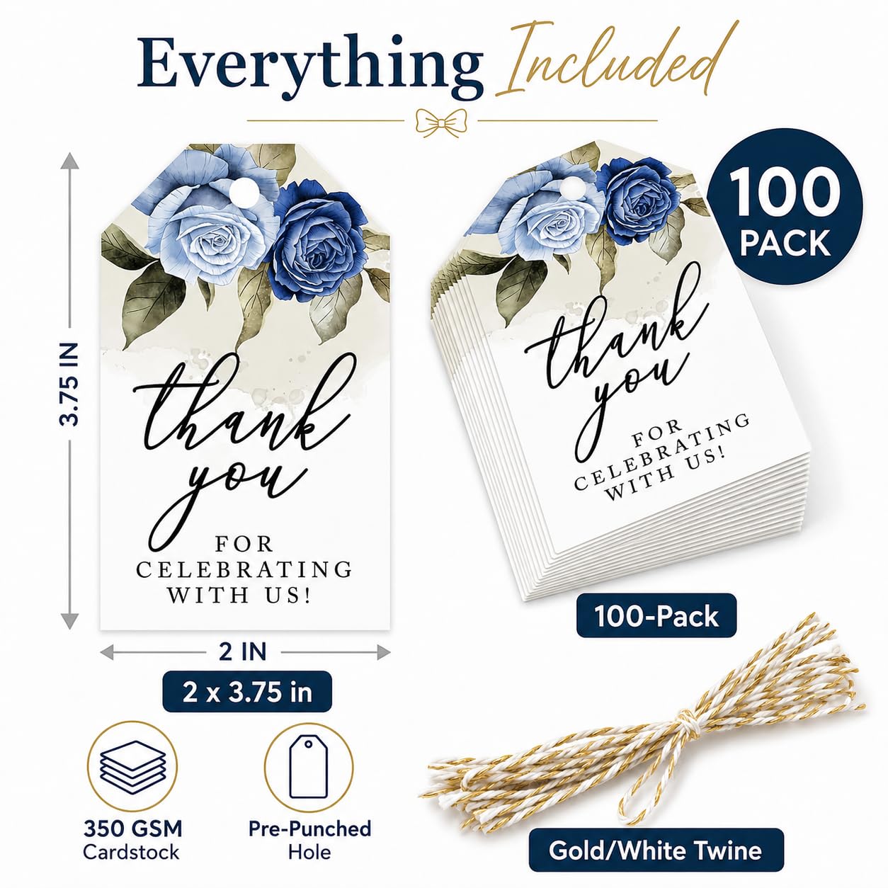 Andaz Press Geschenkanhänger mit Aufschrift "Thank You for Celebrating with Us", Karton, blaue Rosen, 5,1 x 9,5 cm, 100 Stück
