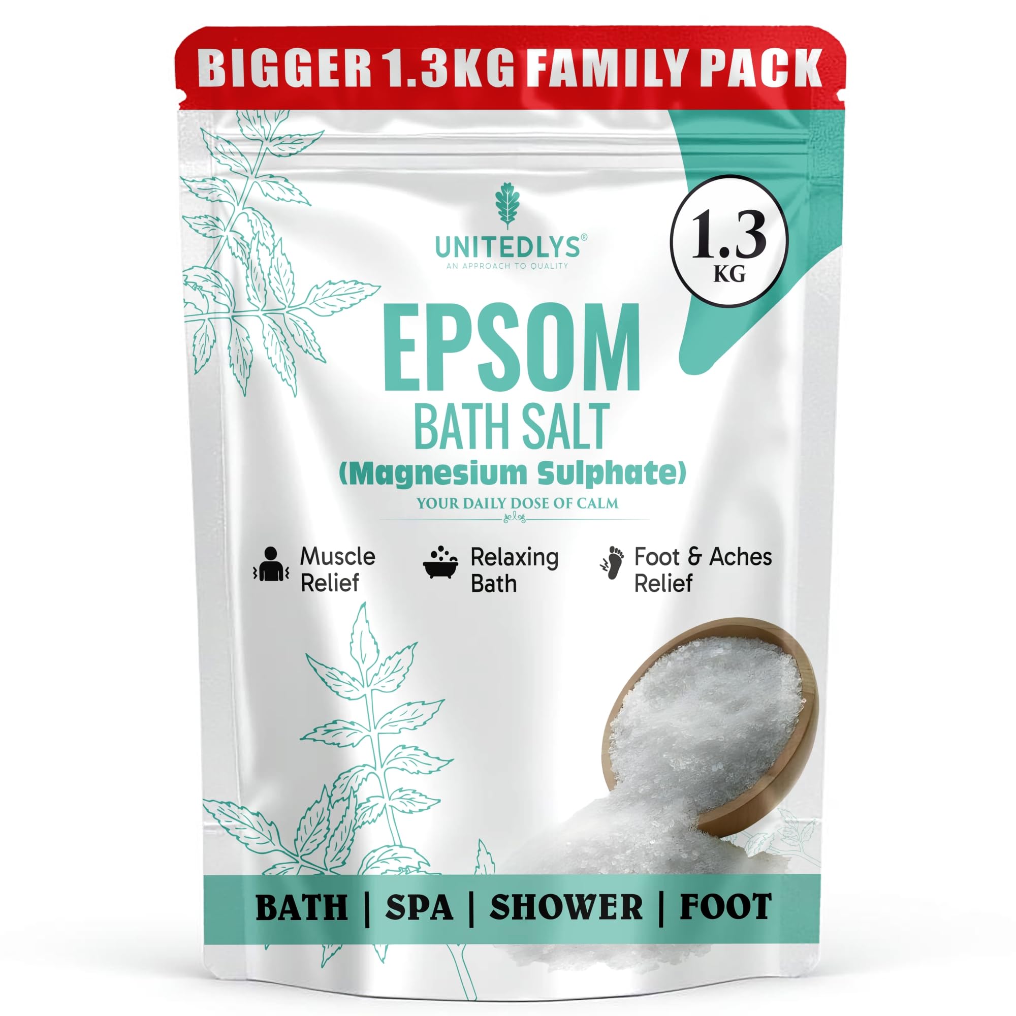 Unitedlys® Premium Epsom Bath Salt for Pain Relief Crystal 1.3Kg | 100% Pure Epsom Salt for Bath, Detox & Relaxation | Reduces Soreness, Swelling & Stress | Ideal Epsom Salt for Foot Soaks & Full-Body Baths