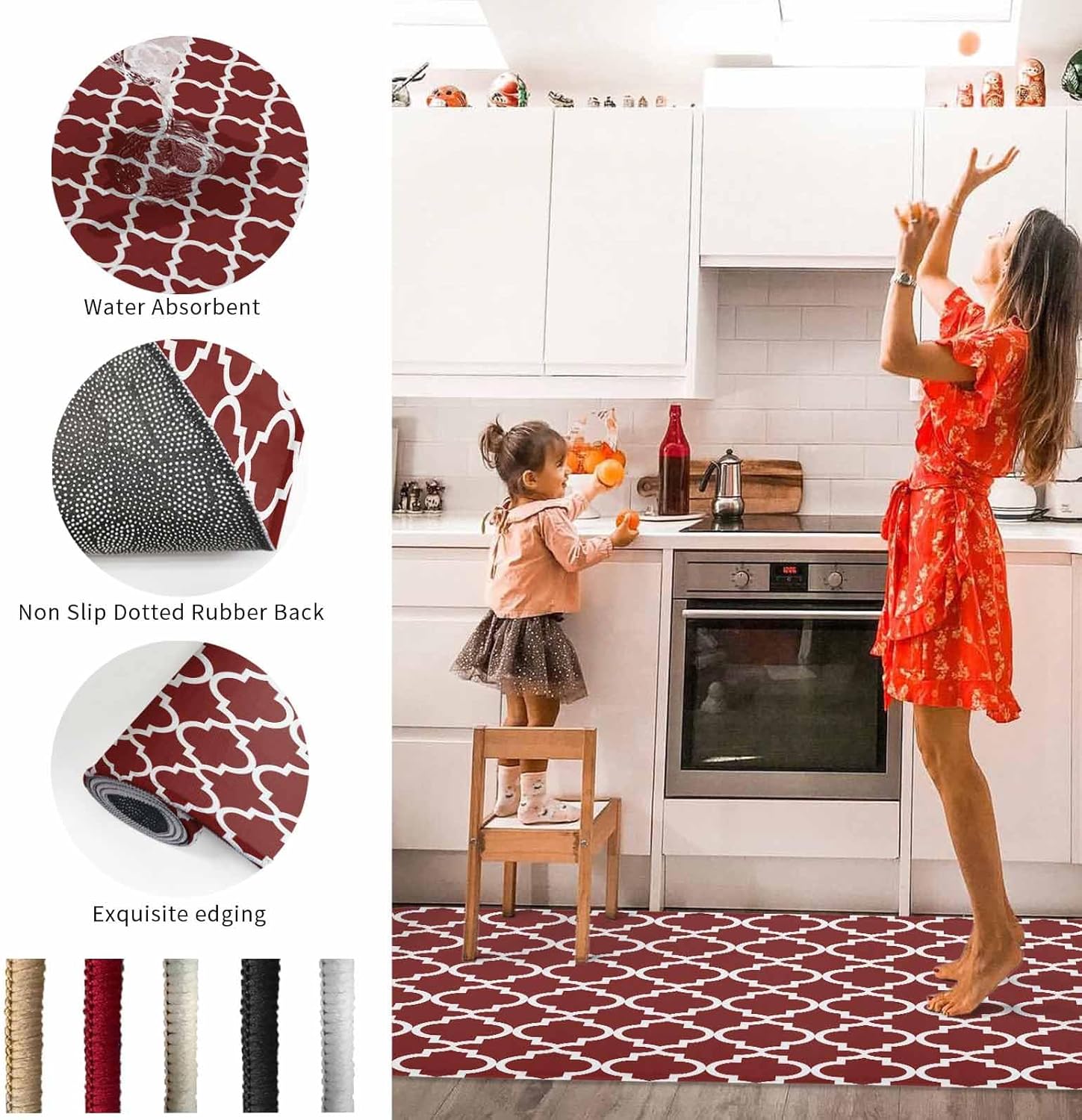 2 Pieces Kitchen Rugs and Mats,Modern Morocco Geometric Tile Pattern Area Runner Rug Set Non Slip Floor Doormat Washable Carpet Standing Mat for Kitchen Sink Indoor Corridor,Farmhouse Burgundy Red